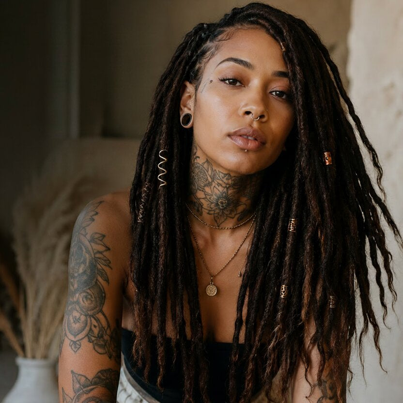 Person wearing long dark brown Kinky Straight Locs with decorative loc jewelry.