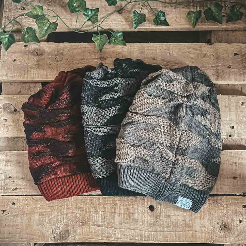 CrafterElena Camo beanies for locs in red, black and khaki