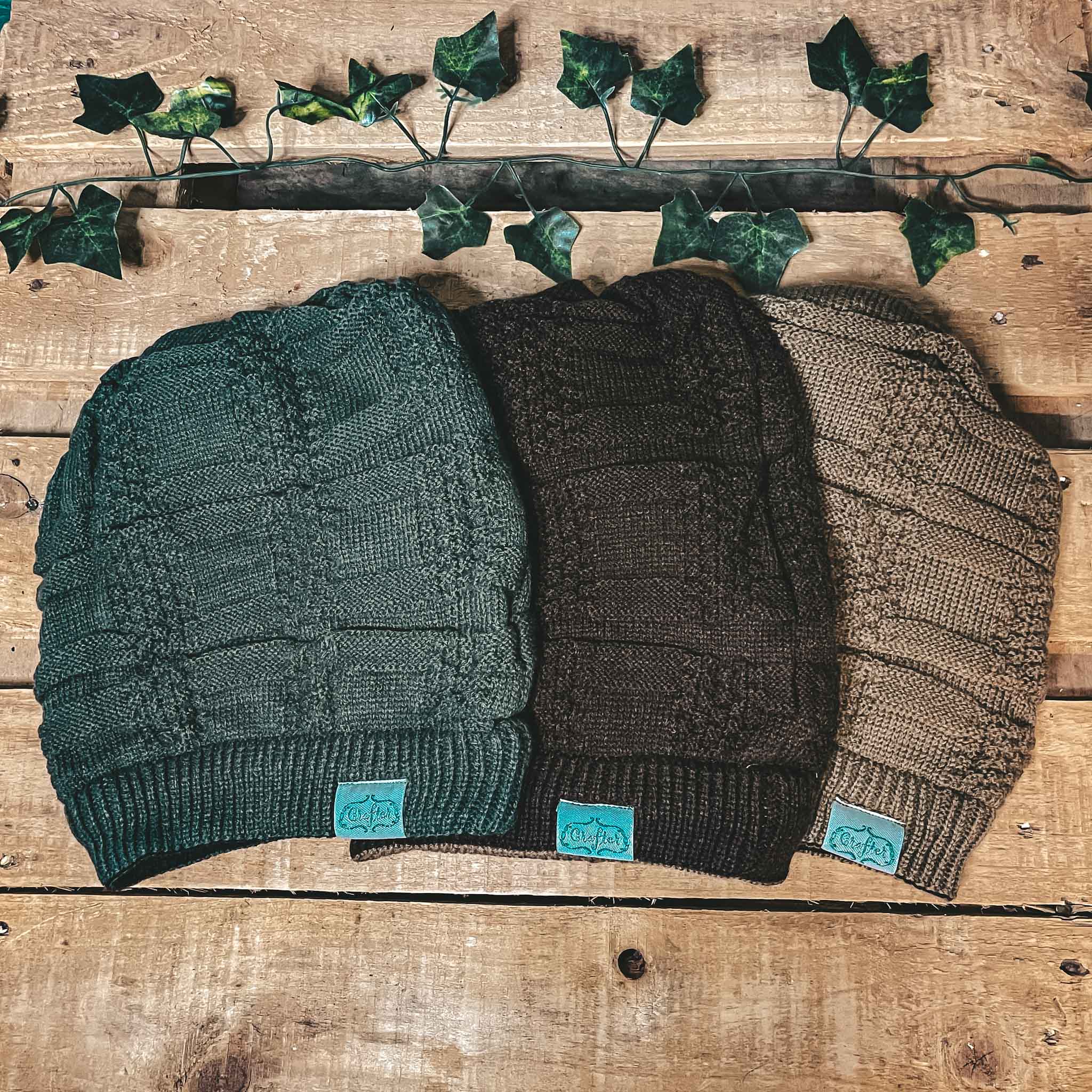 CrafterElena Squares beanies for locs in black, brown and dark grey