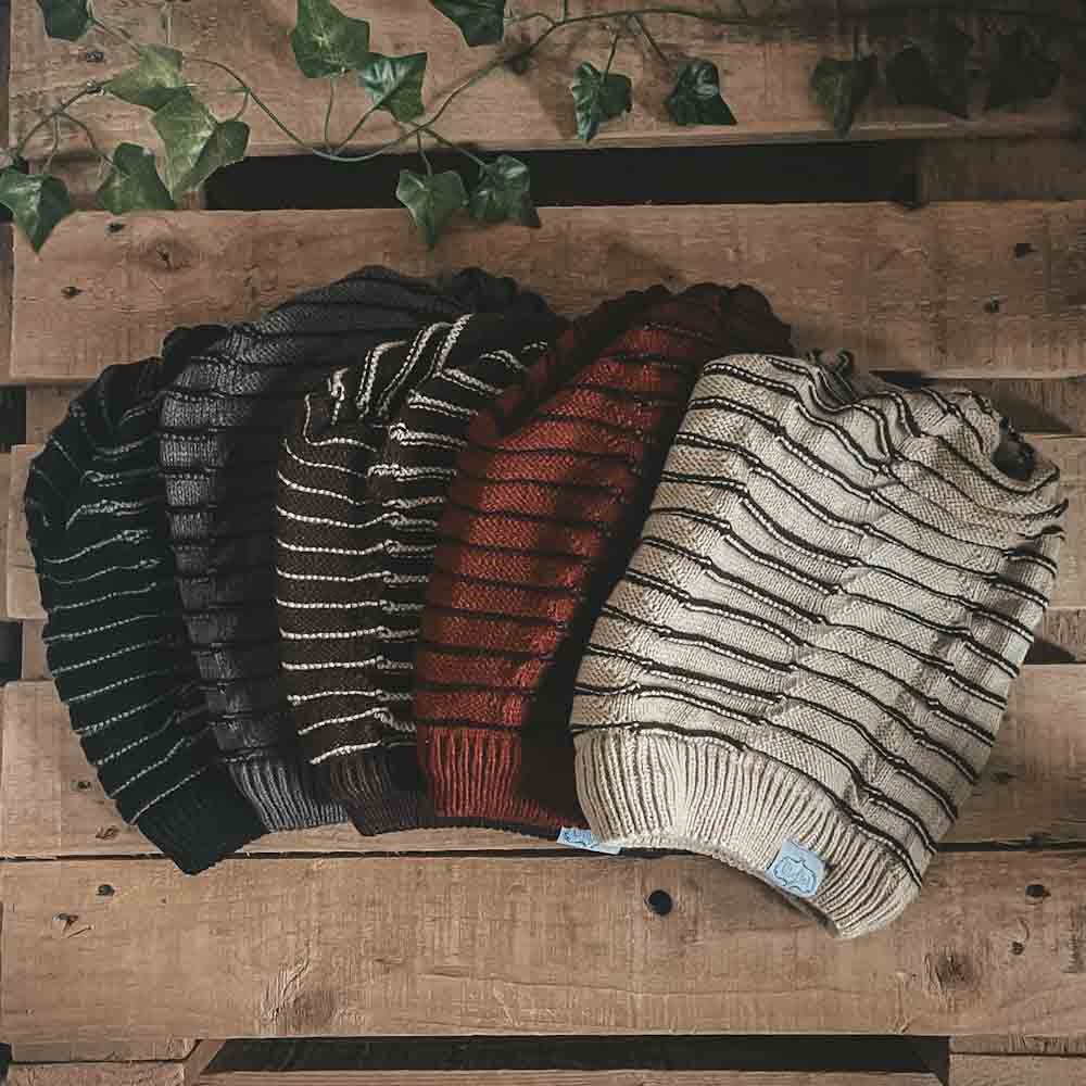 CrafterElena Striped beanies for locs in black, grey, dark brown, red and beige