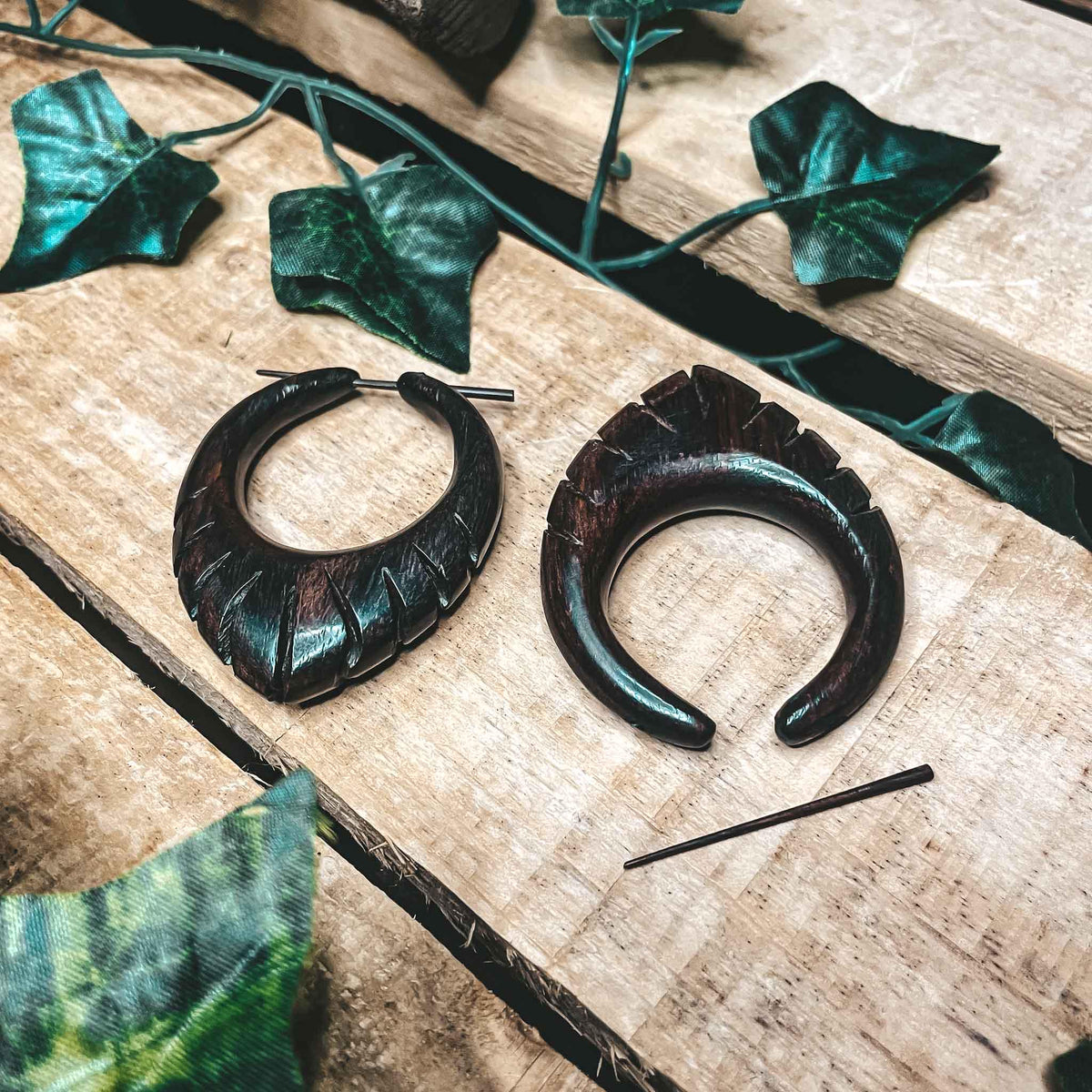 Doukisa Tribal Earrings in Sono wood by CrafterElena shown from different angles