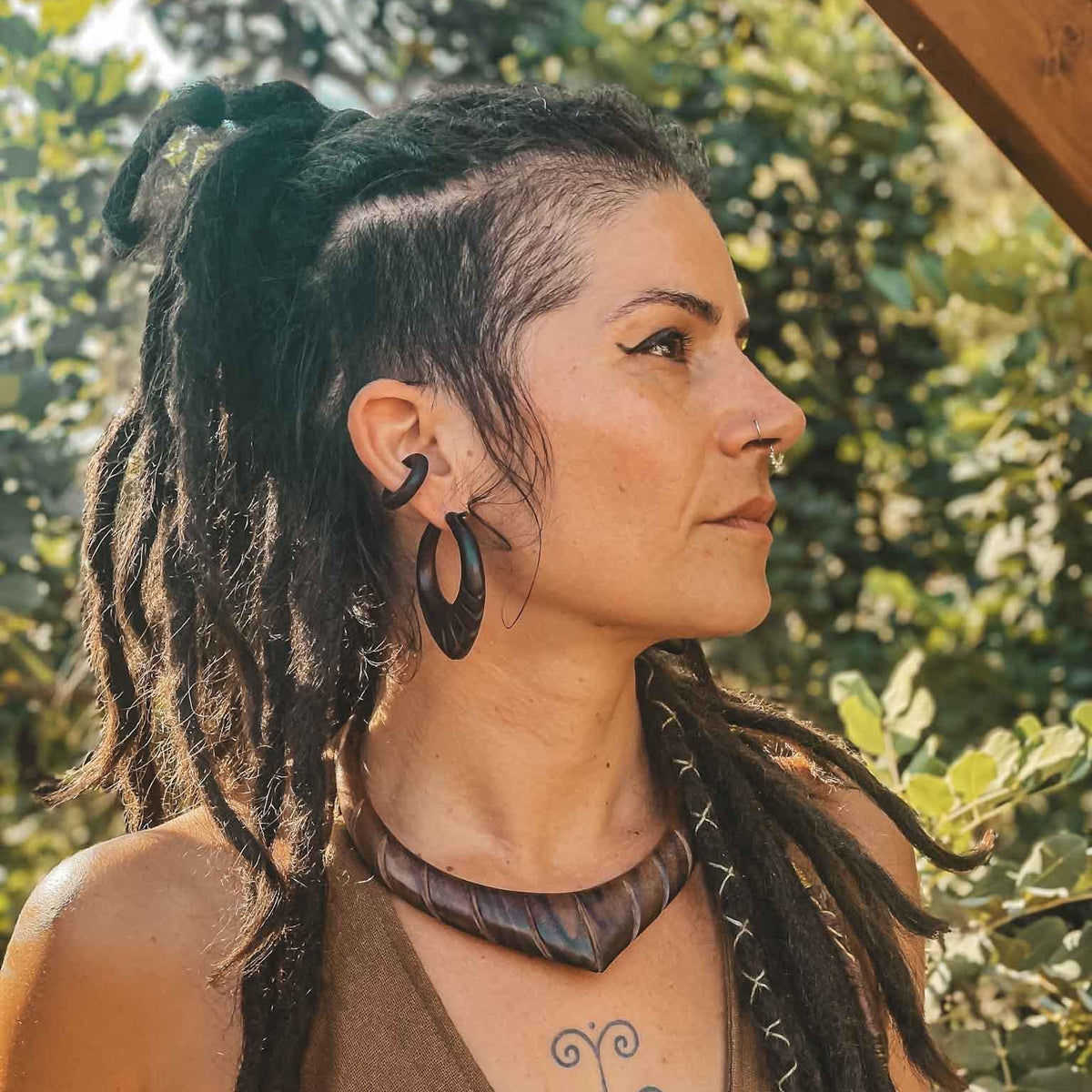 Doukisa Tribal Earrings in Sono wood by CrafterElena worn with locs