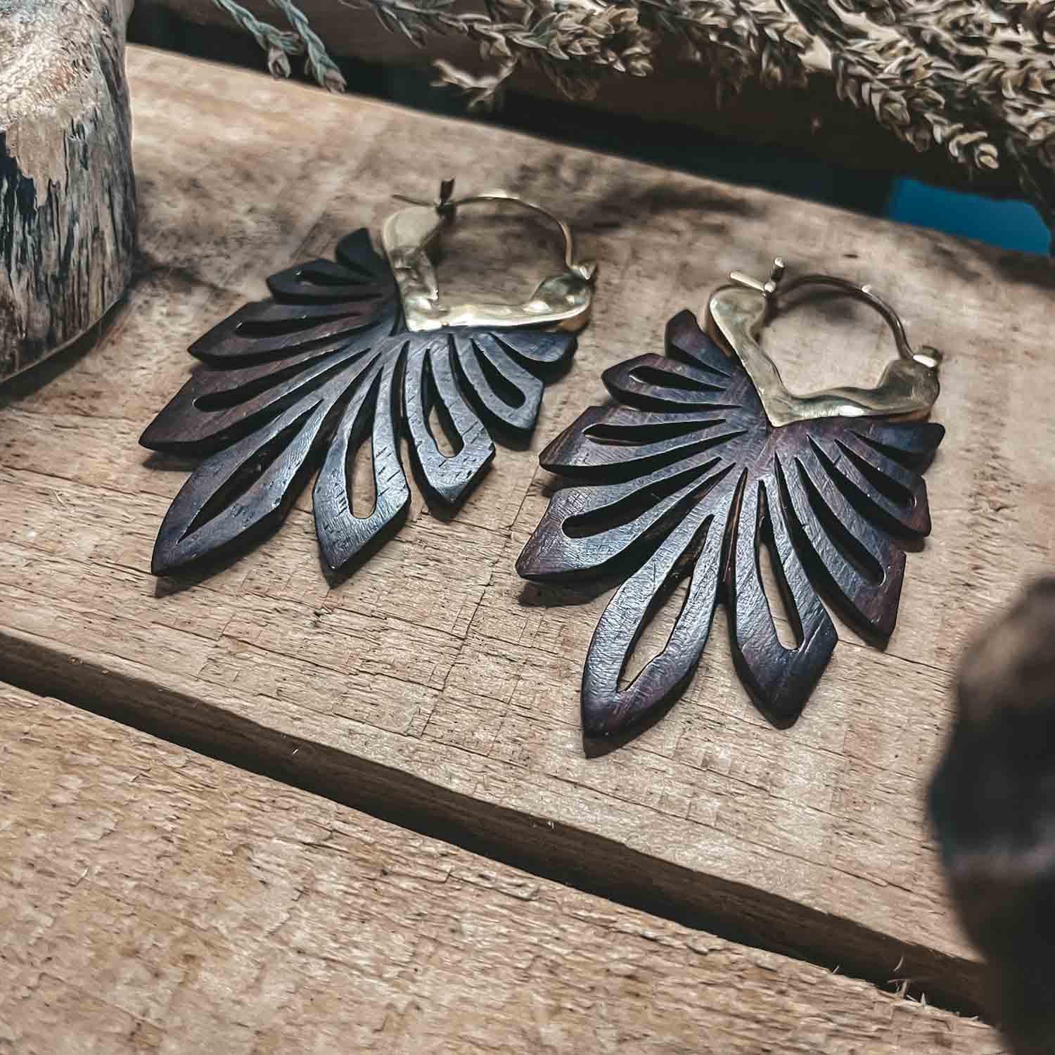 CrafterElena Jungle Earrings made from sono wood with leaf design