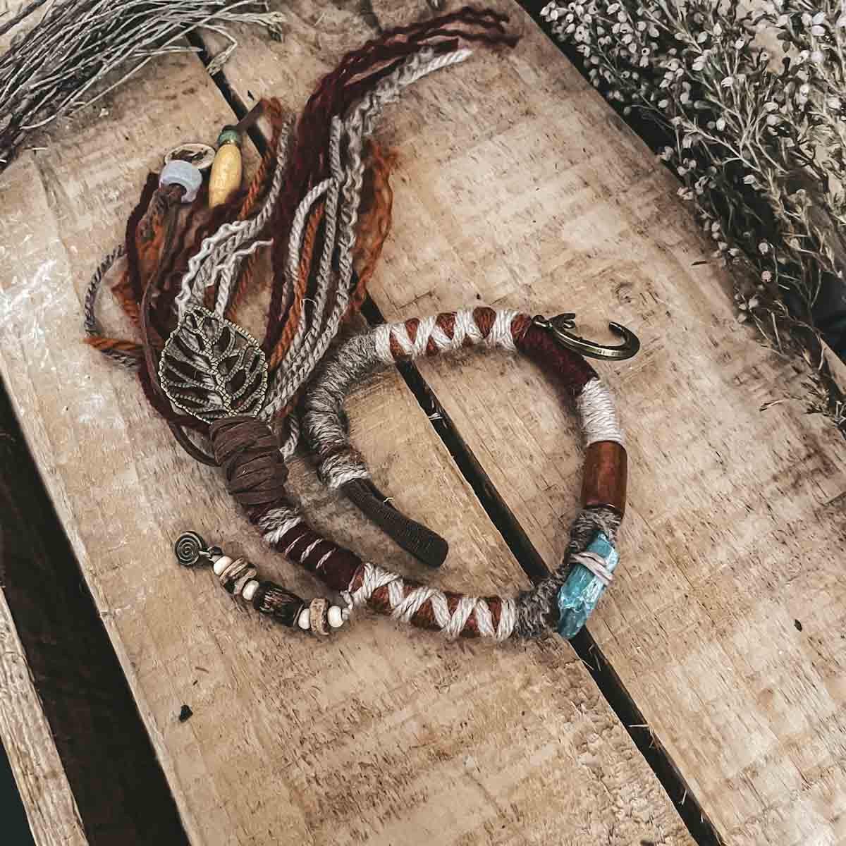 CrafterElena Rustic Dreams Hair Wrap Design 1 for locs with beads and nature inspired details