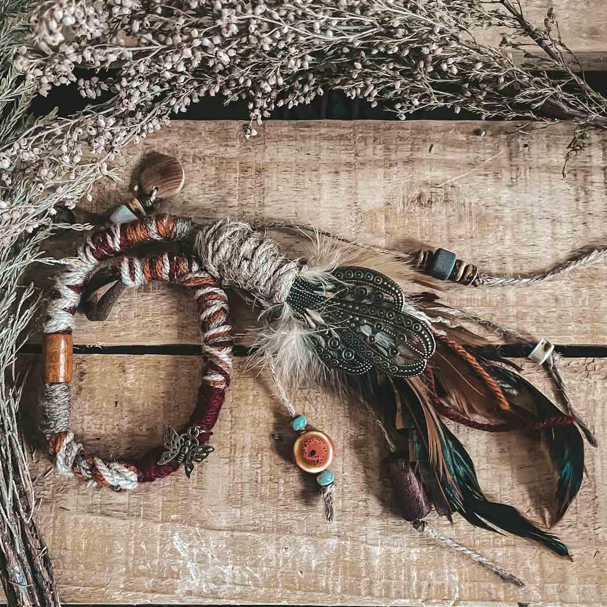 CrafterElena Rustic Dreams Hair Wrap Design 2 for locs with feathers and handmade details