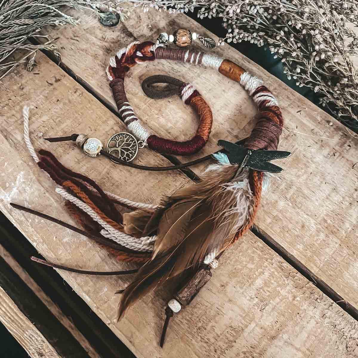 CrafterElena Rustic Dreams Hair Wrap Design 4 for locs with feathers, beads and tree talisman