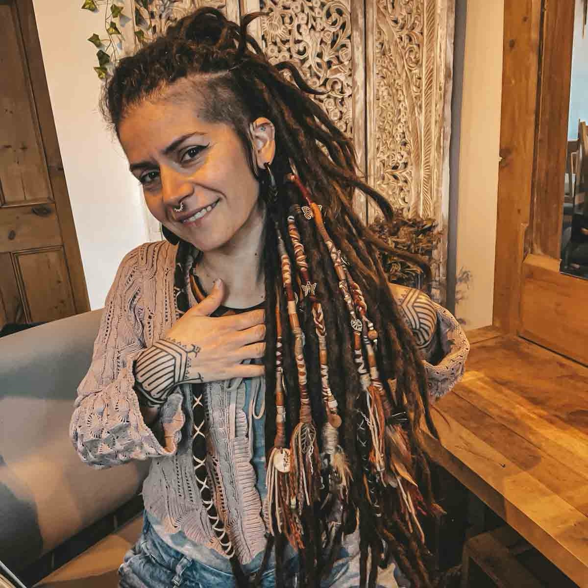 Person wearing CrafterElena Rustic Dreams Hair Wraps with long locs