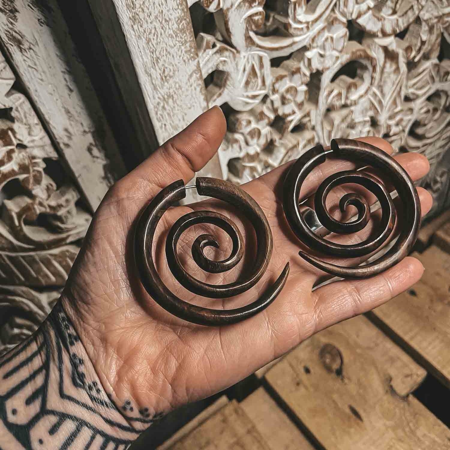 CrafterElena Spiral Fake Gauge Earrings in large made from brown sono wood