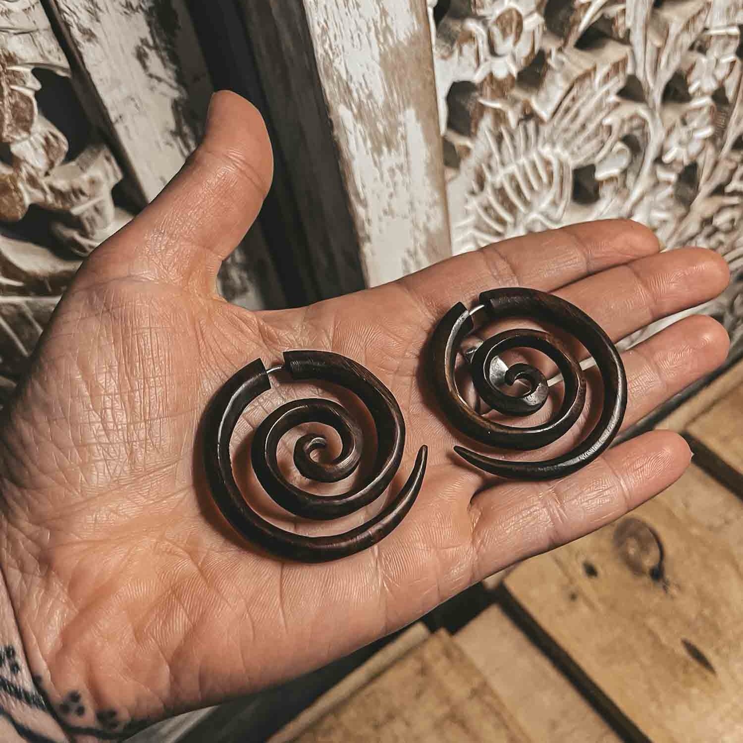 CrafterElena Spiral Fake Gauge Earrings in medium made from brown sono wood