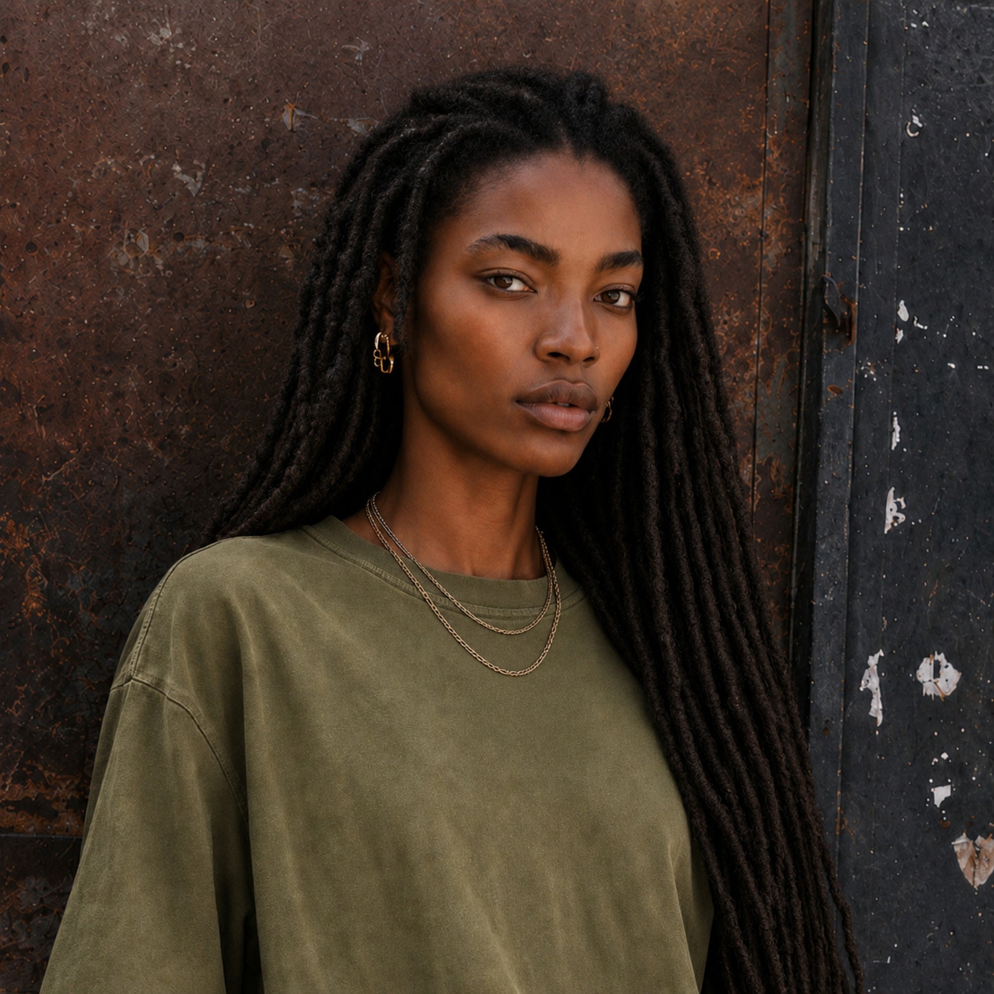 Community model wearing long dark brown kinky loc extensions with a relaxed everyday style.