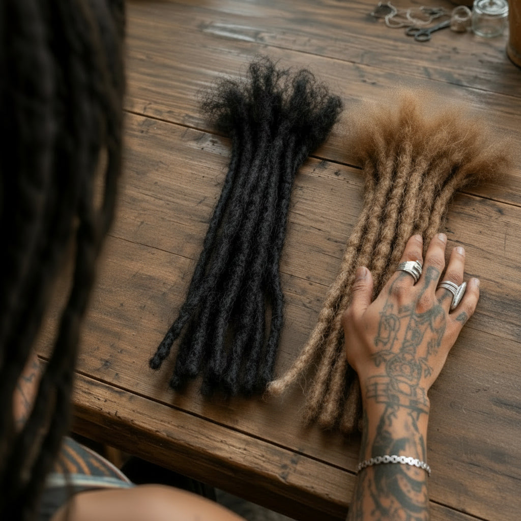 Natural Black and Honey Blonde Kinky Locs displayed on a wooden table
