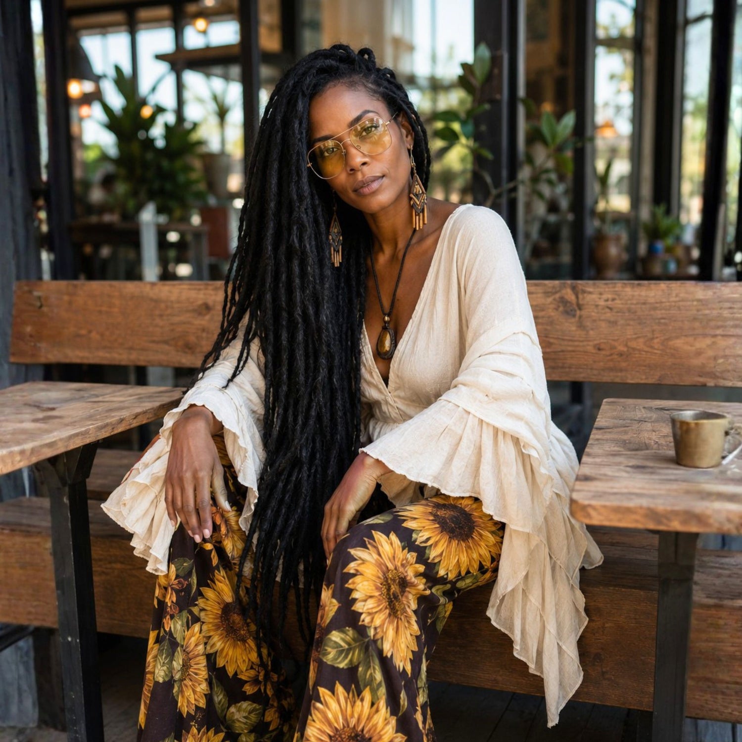 Female model with Natural Black Kinky Locs