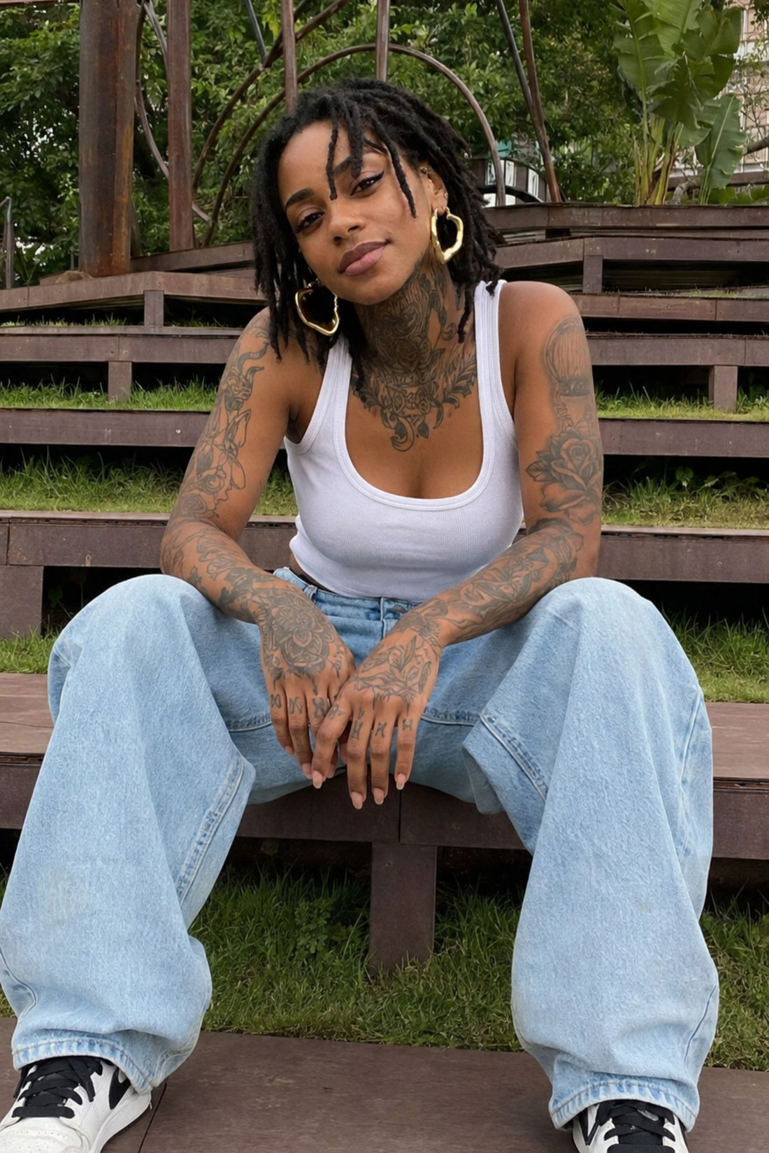 Female model with short Natural Black Kinky Locs