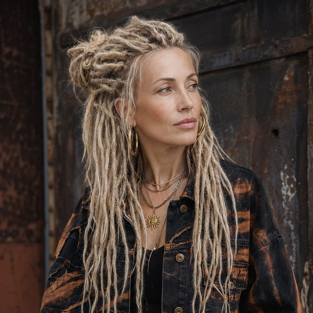 Community model wearing blonde straight loc extensions styled in a half-up look with a casual outfit.
