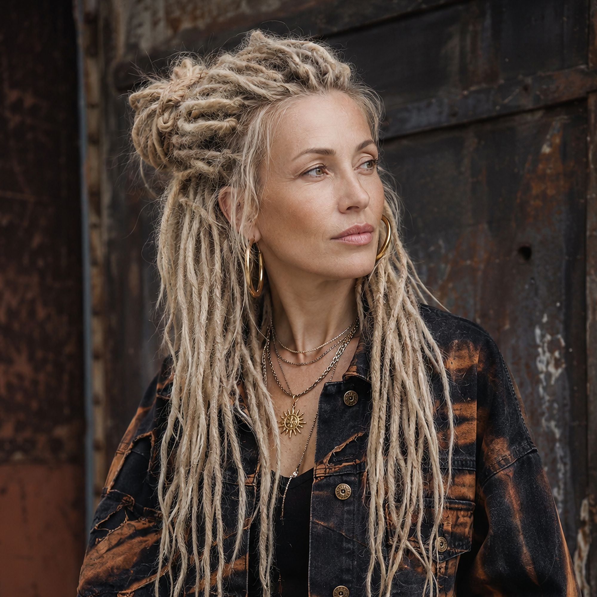 Community model wearing blonde straight loc extensions styled in a half-up look with a casual outfit.