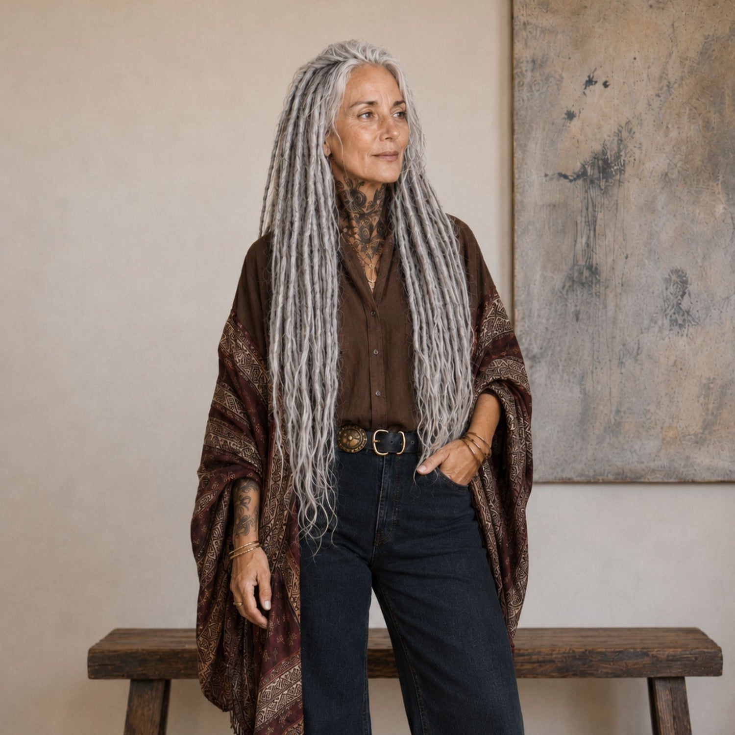 Community model wearing long silver straight loc extensions with a brown shirt, wide-leg jeans and a relaxed boho-inspired style.
