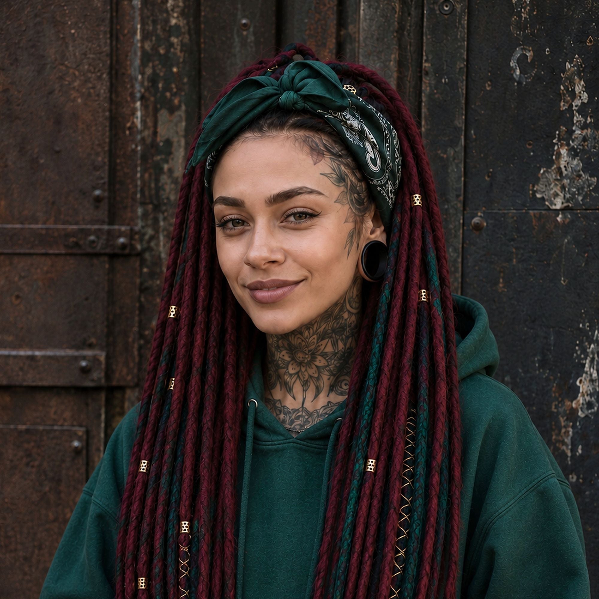 Community model wearing burgundy synthetic locs with subtle teal accents and decorative loc cuffs.