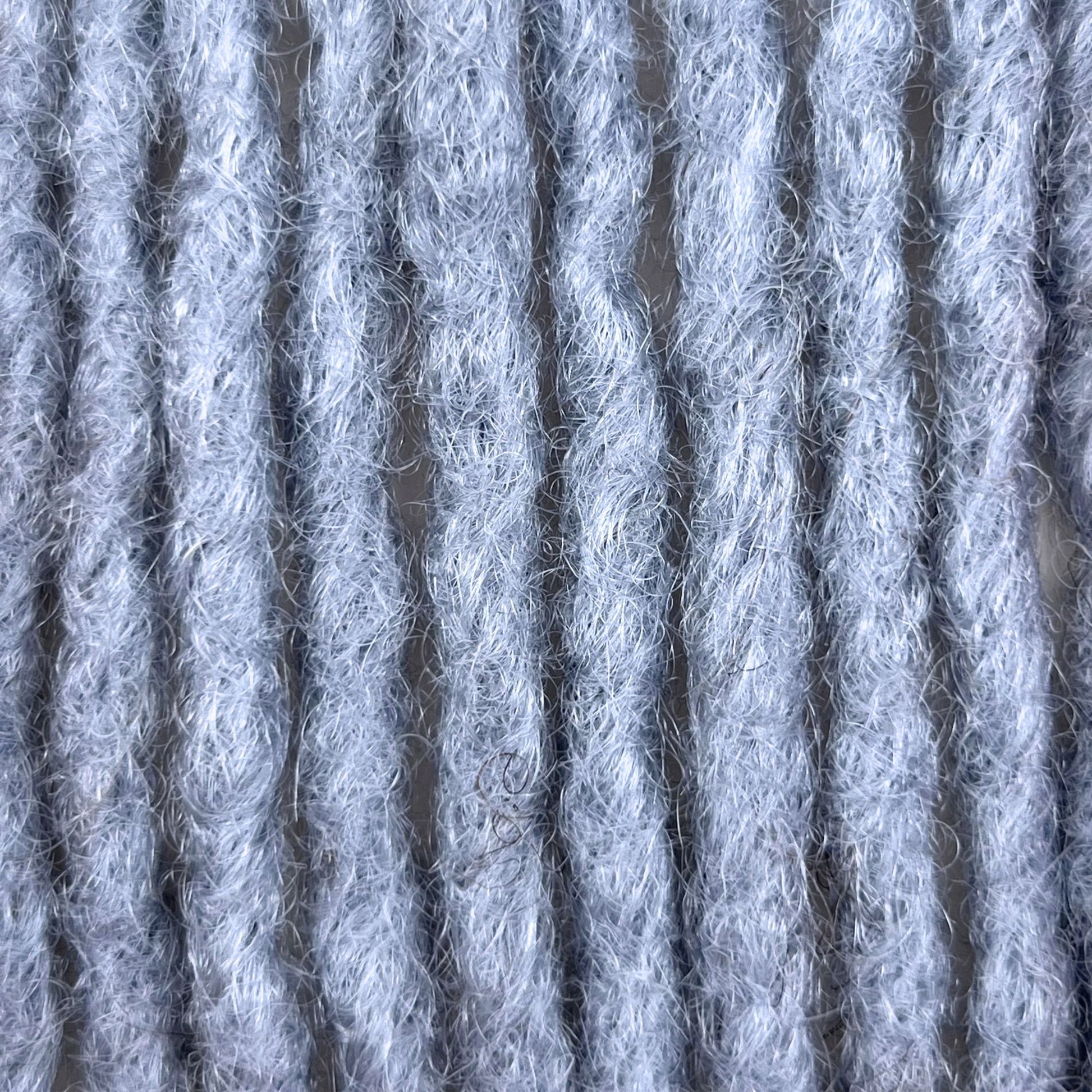 Close-up of kinky loc extensions in Grey, showing the crochet texture.