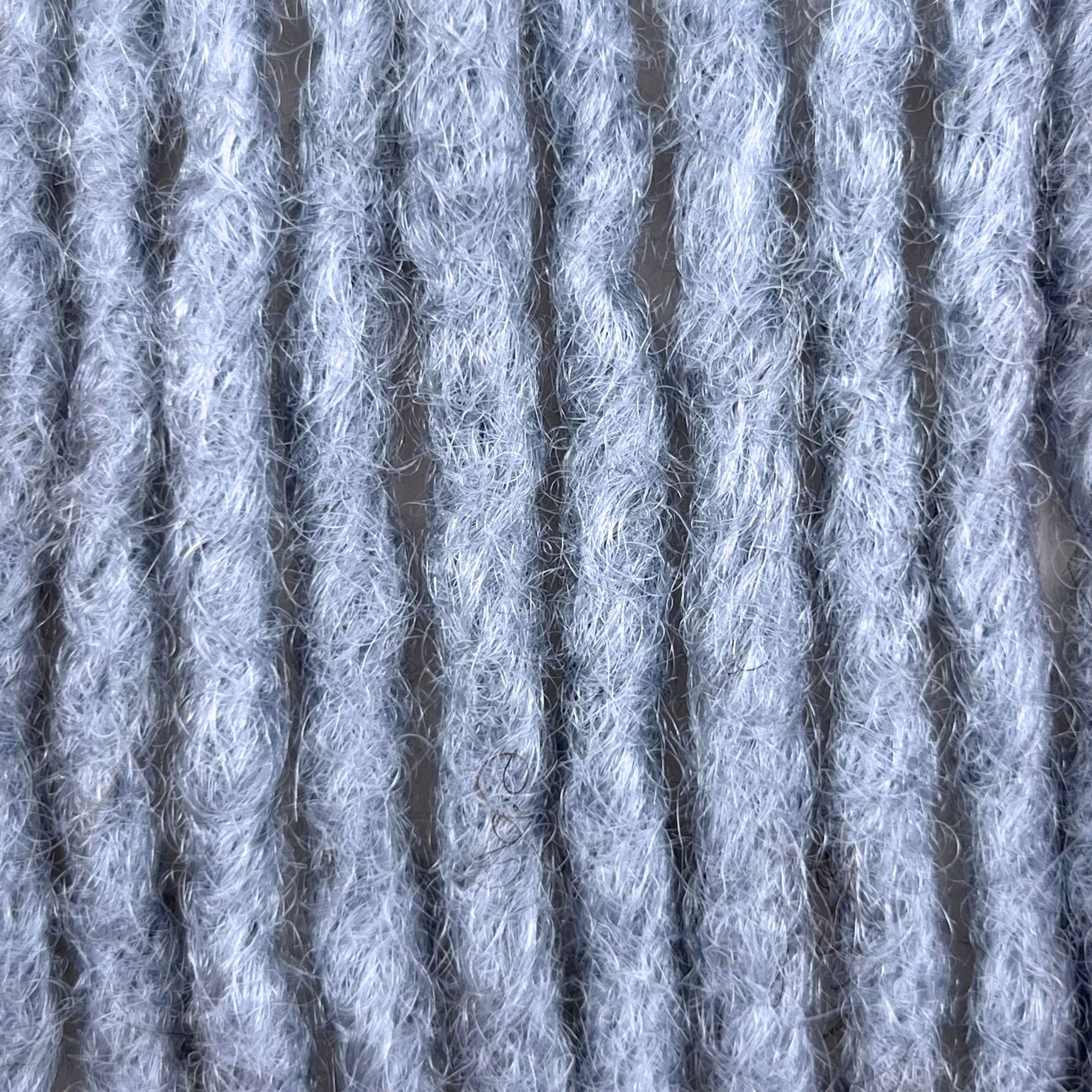 Close-up of kinky loc extensions in Grey, showing the crochet texture.