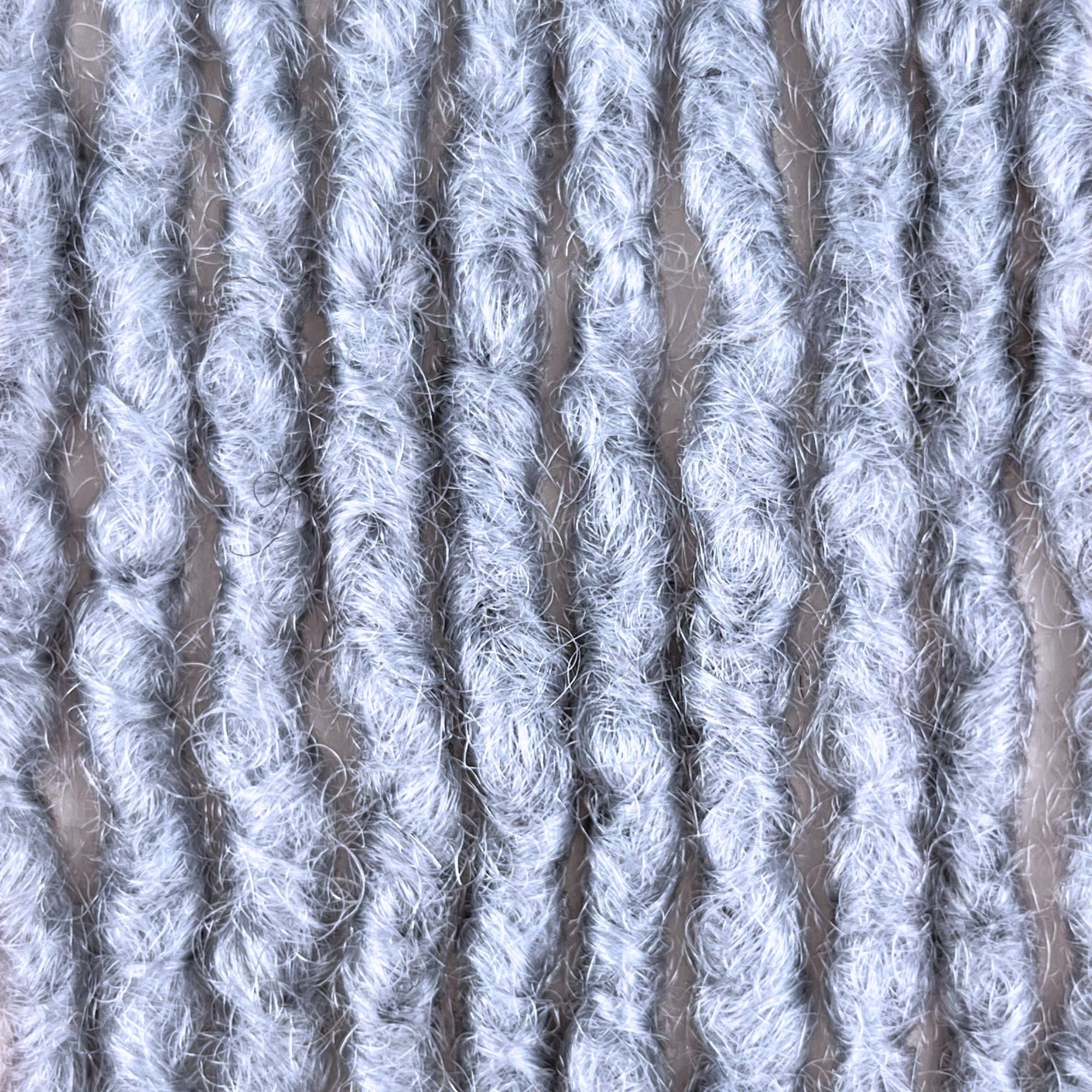 Close-up of kinky loc extensions in Grey, showing the interlocking texture.