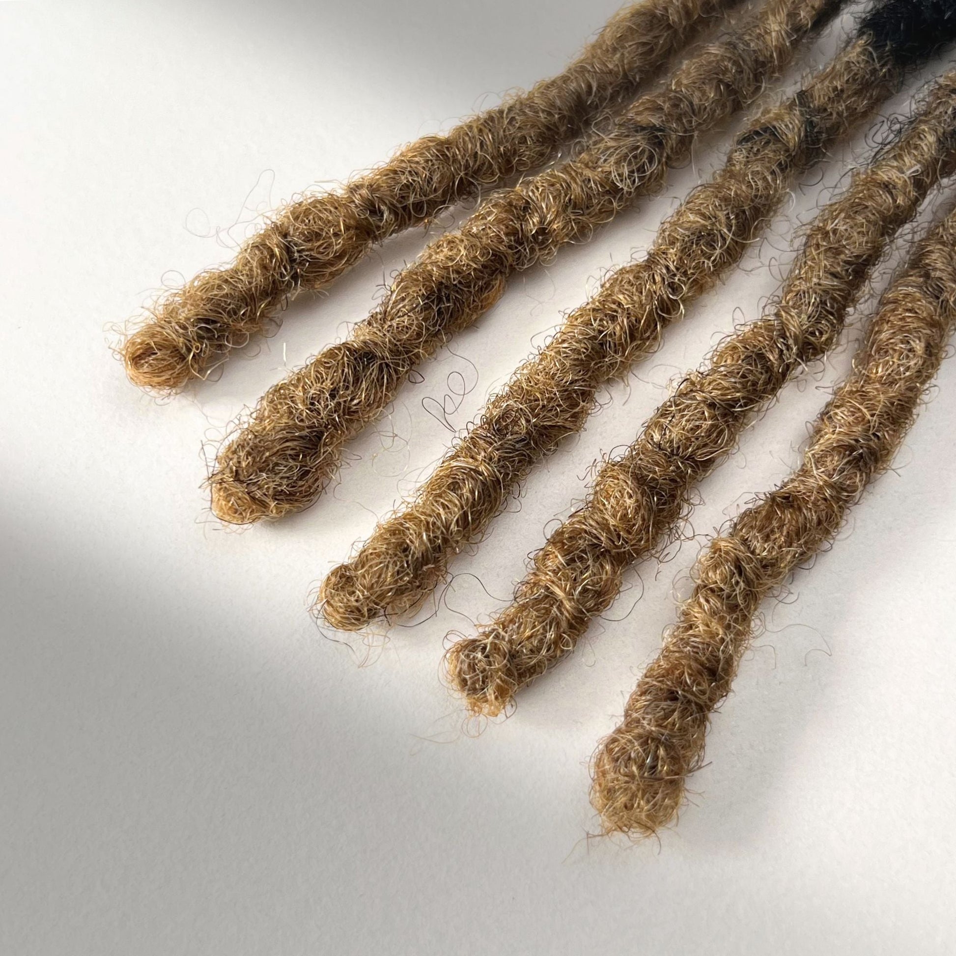Tip detail of kinky loc extensions with blunt ends in Honey Blonde Ombre.