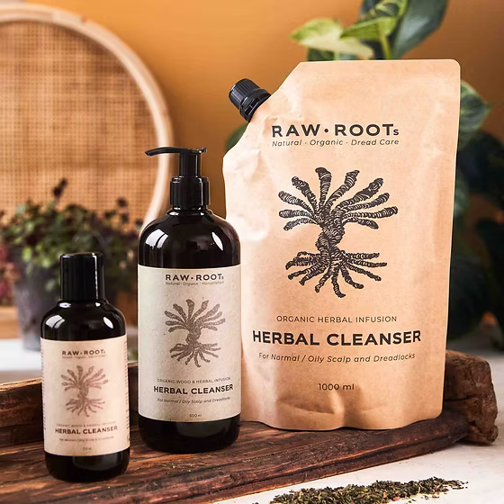 Raw Roots Loc care collection featuring Herbal Cleanser in multiple sizes for cleansing Locs and maintaining a healthy scalp.