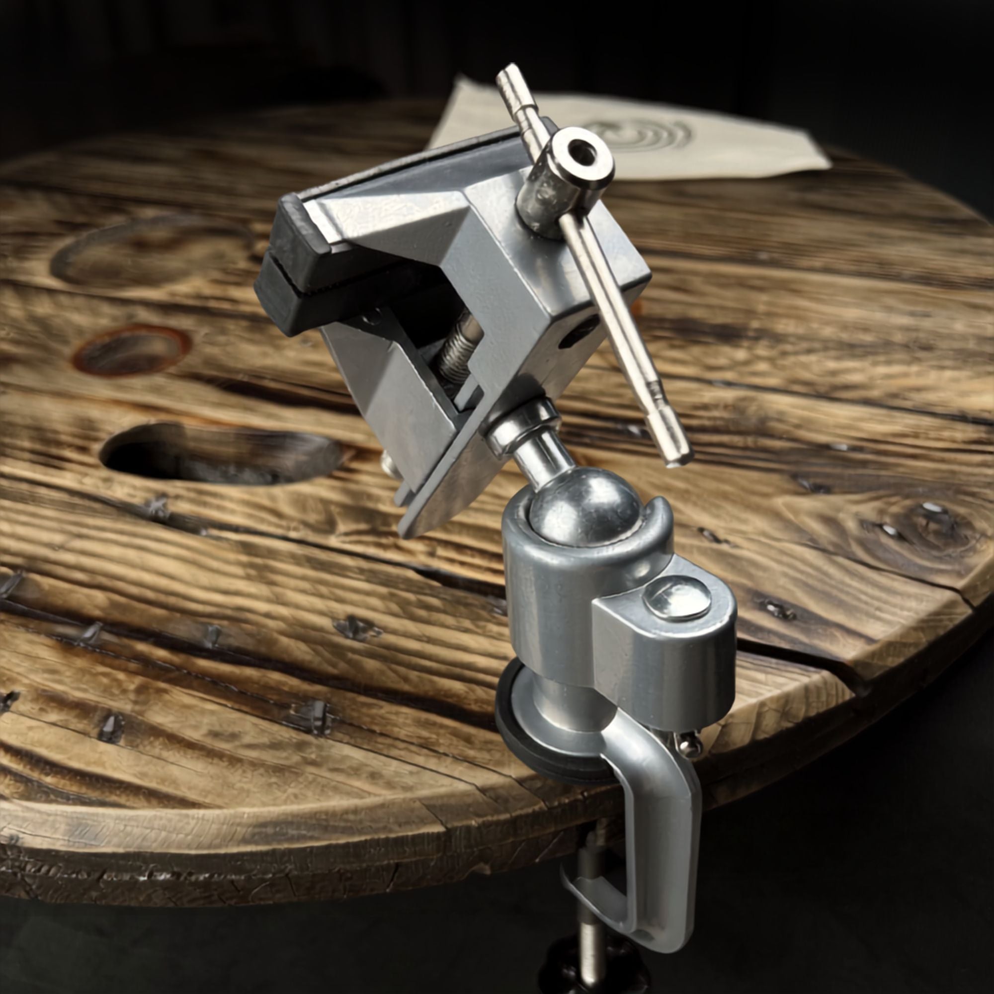 Loc Vise mounted to a work surface for creating handcrafted Locs.