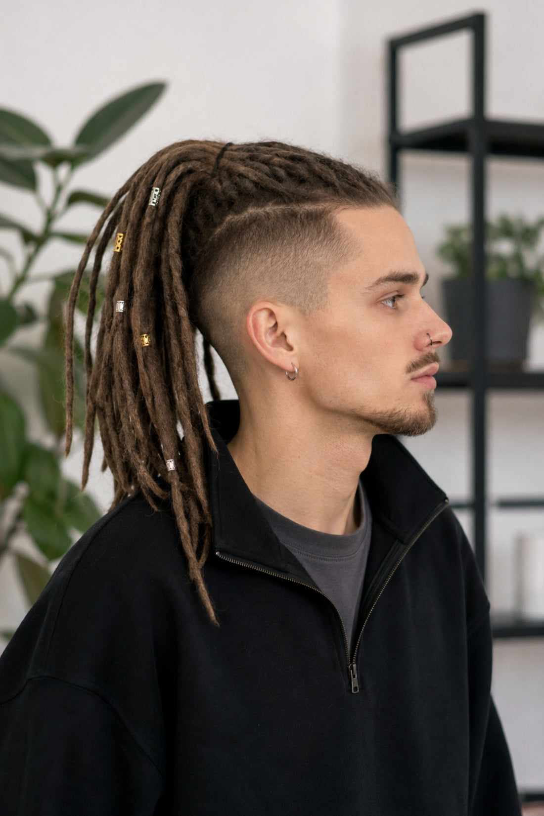 Male model wearing Straight Loc Extensions by Dreadradar