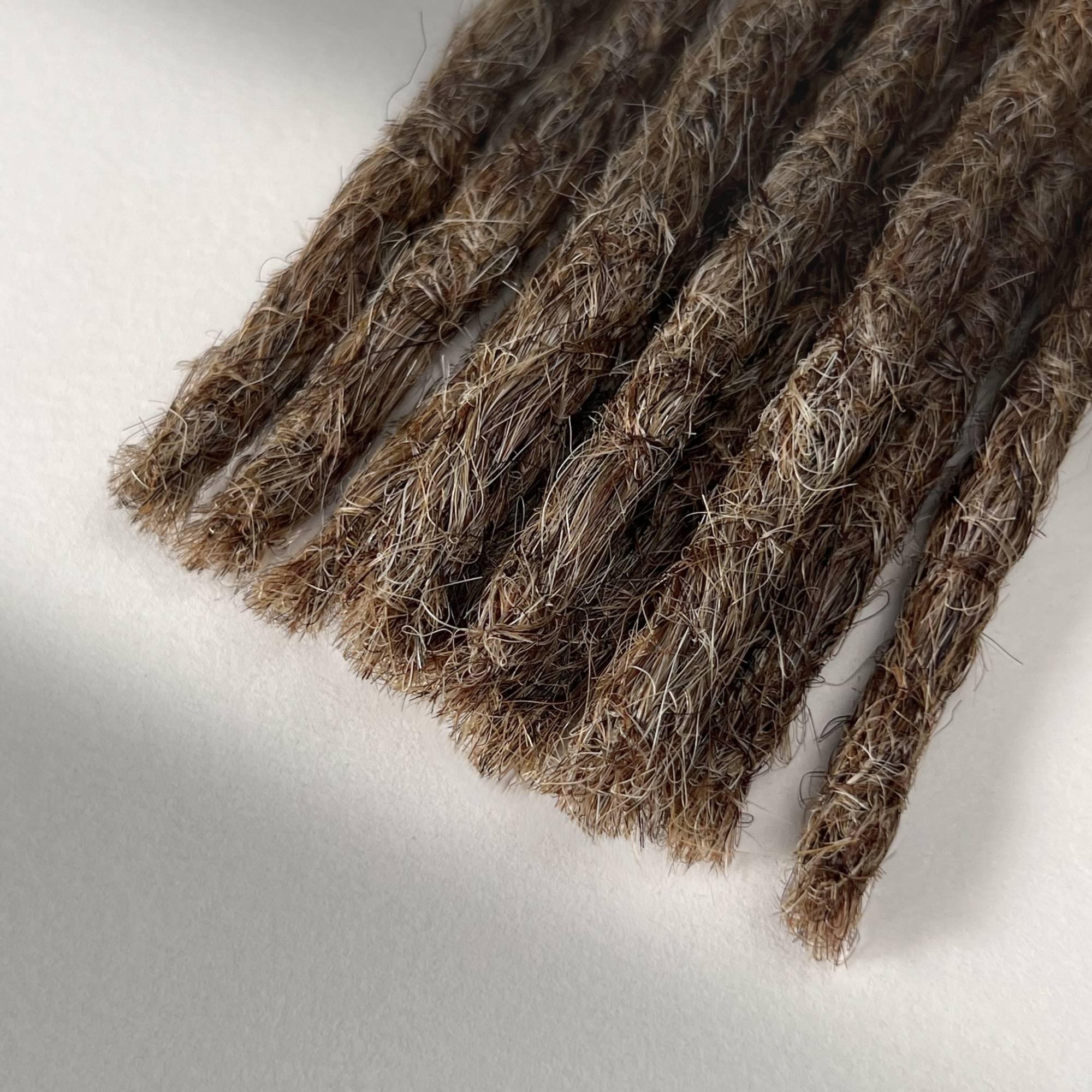 Tip detail of straight loc extensions with blunt ends in Light Beige Blonde.