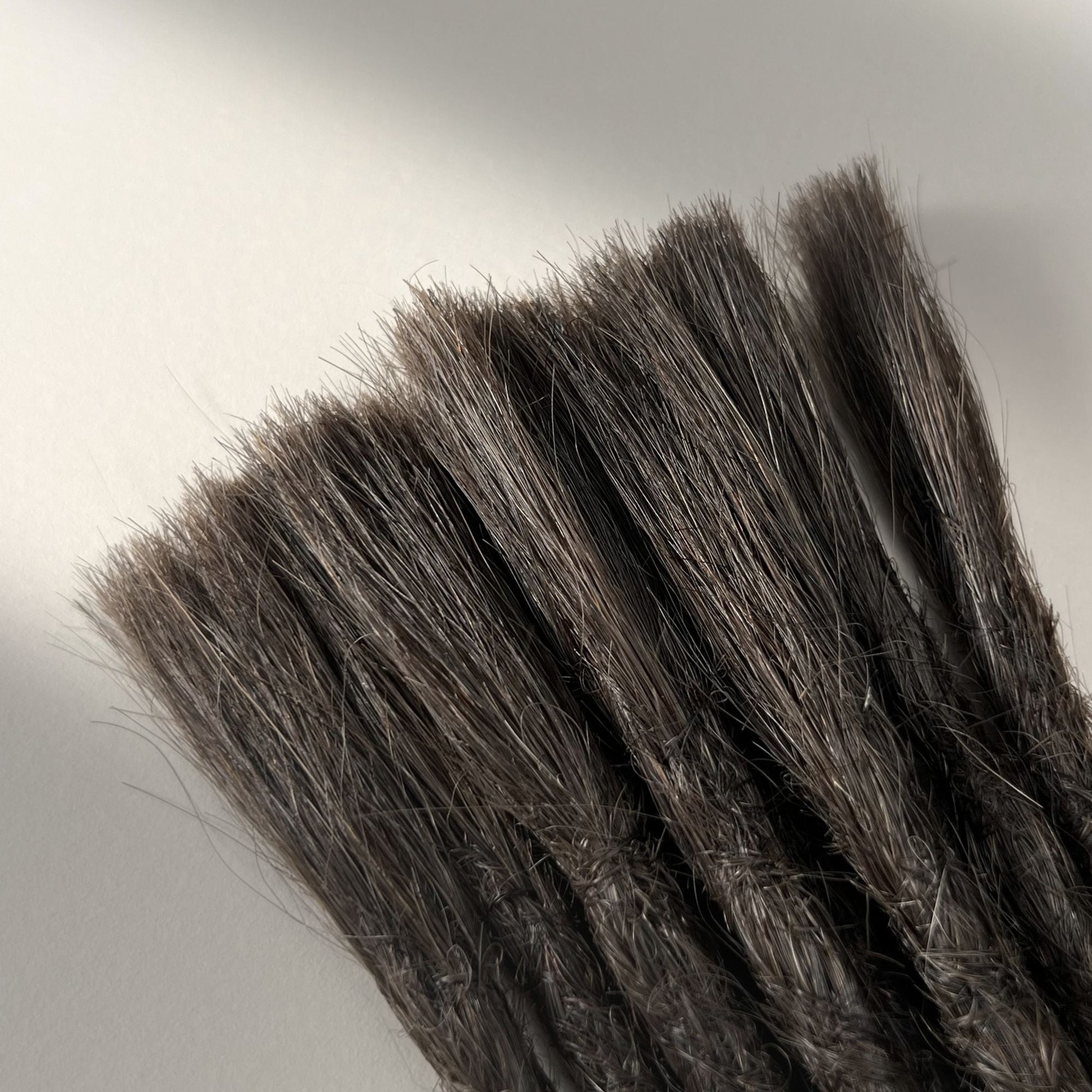 Connection point of permanent straight loc extensions with open ends in Dark Wenge Brown.
