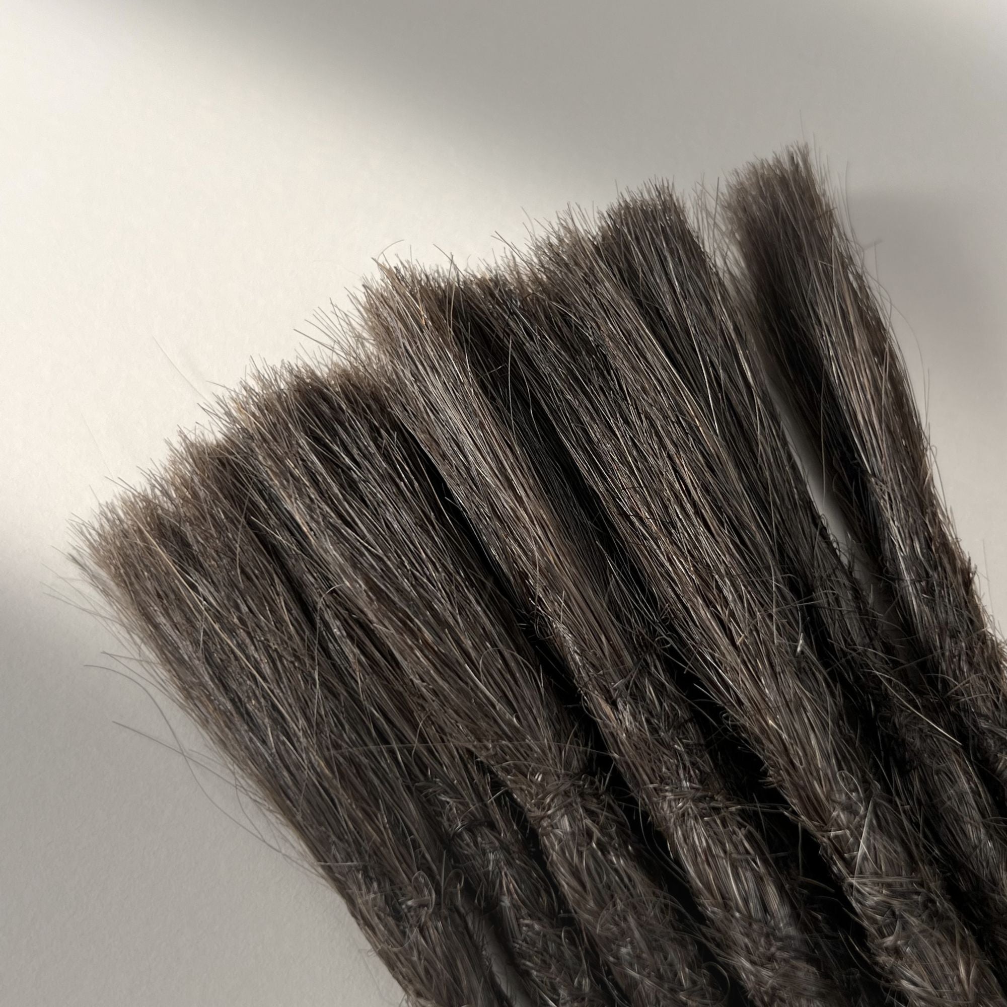 Connection point of permanent straight loc extensions with open ends in Dark Wenge Brown.