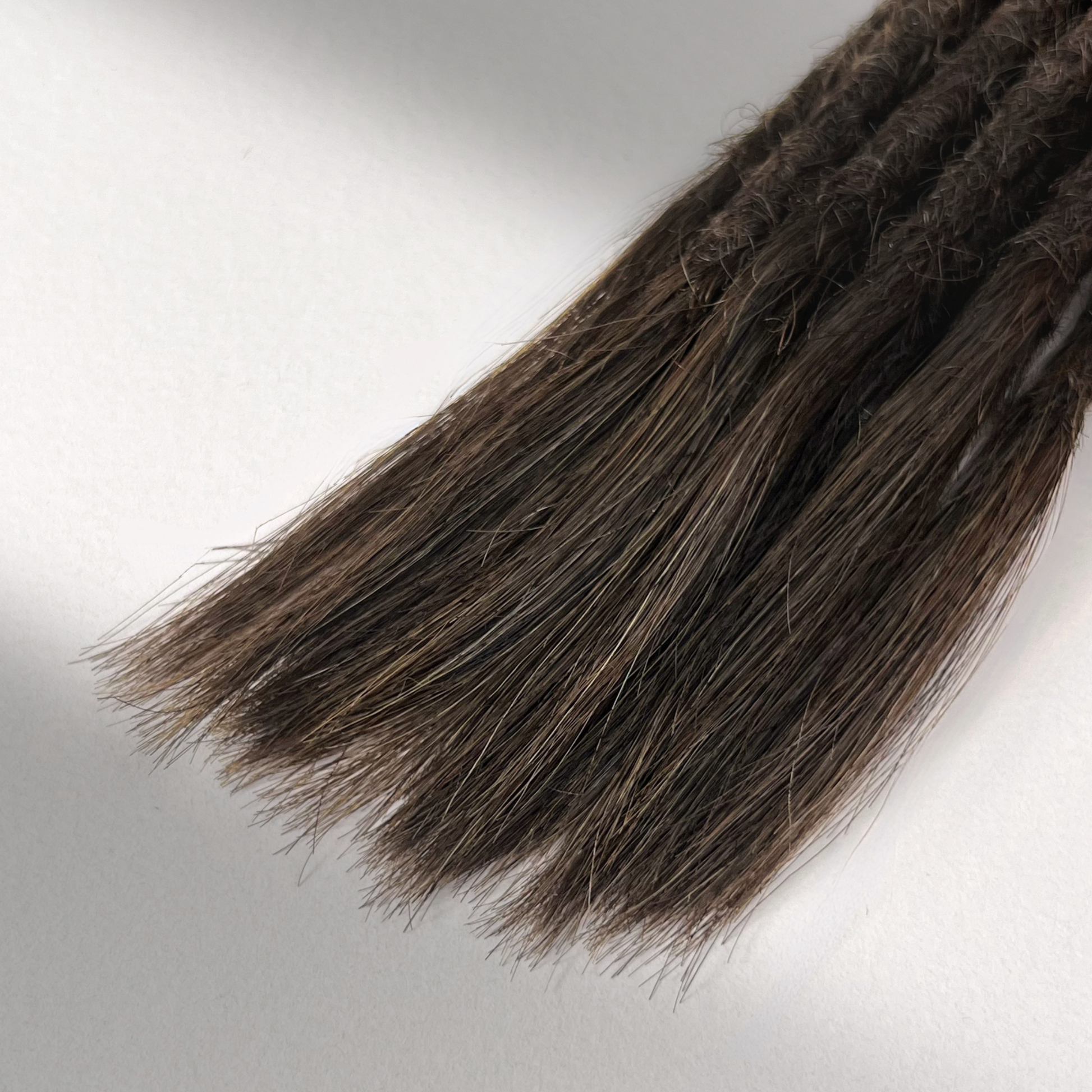 Tip detail of straight loc extensions with open ends in Dark Wenge Brown.