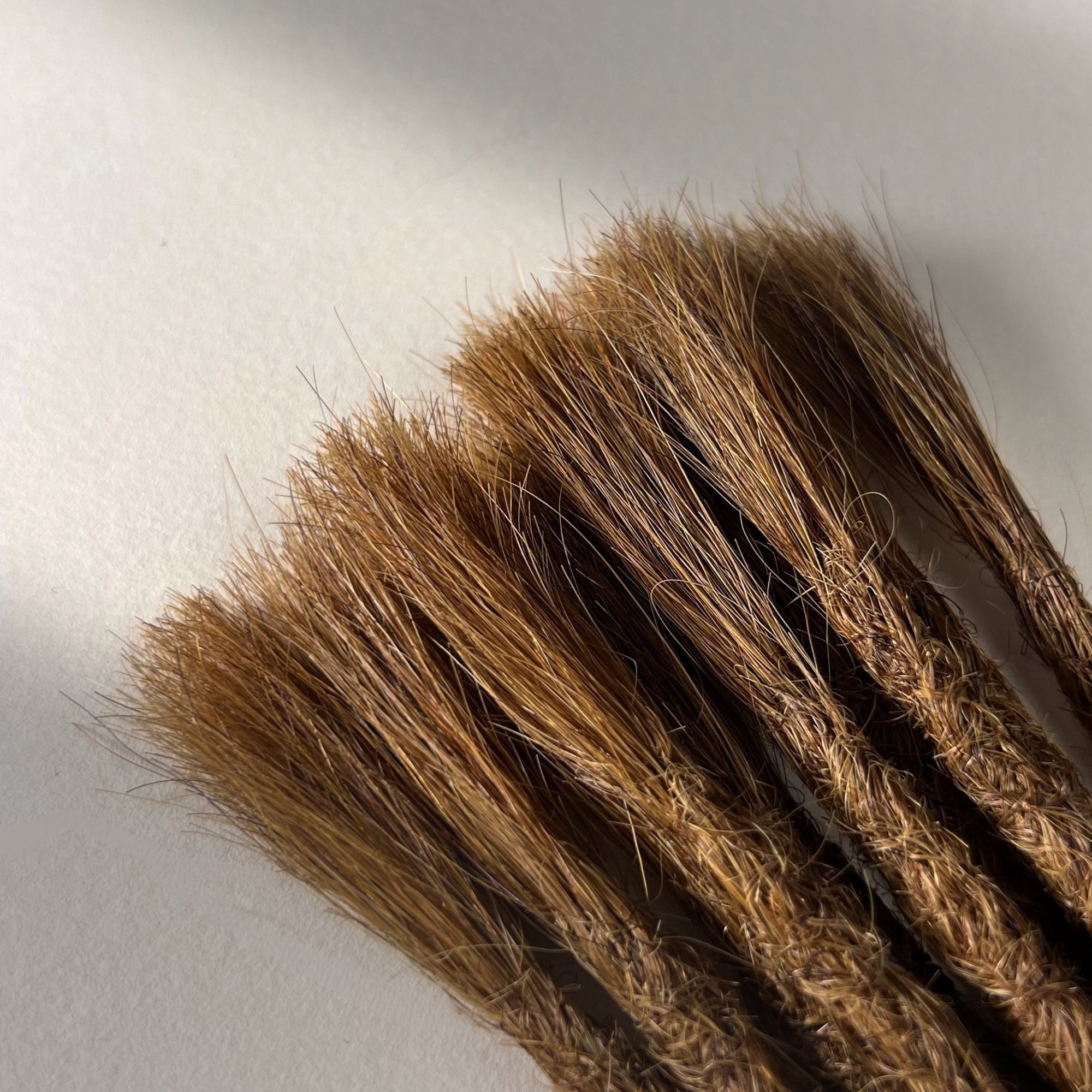 Connection point of permanent straight loc extensions in Honey Brown.
