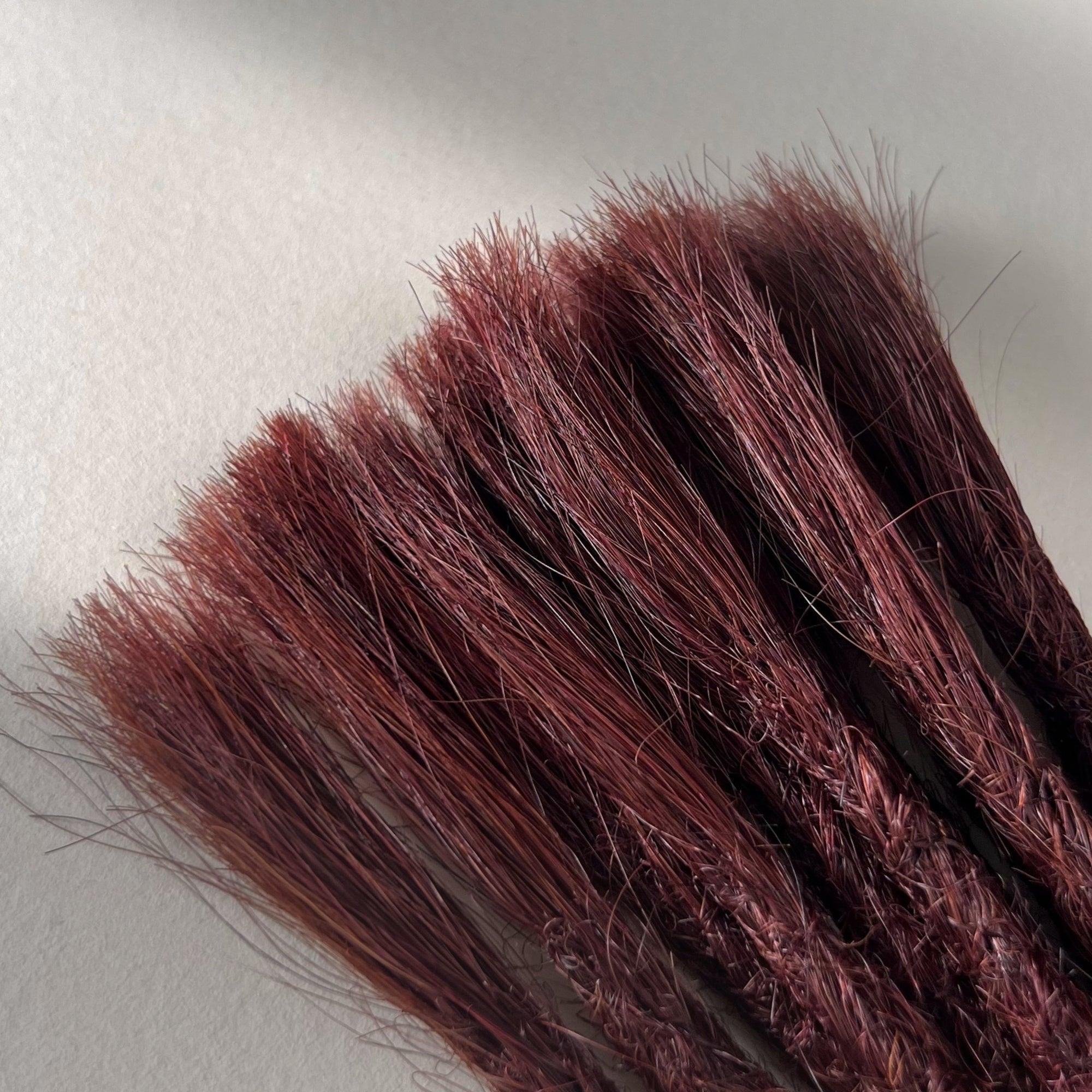 Connection point of permanent straight loc extensions in Warm Mahogany Red.