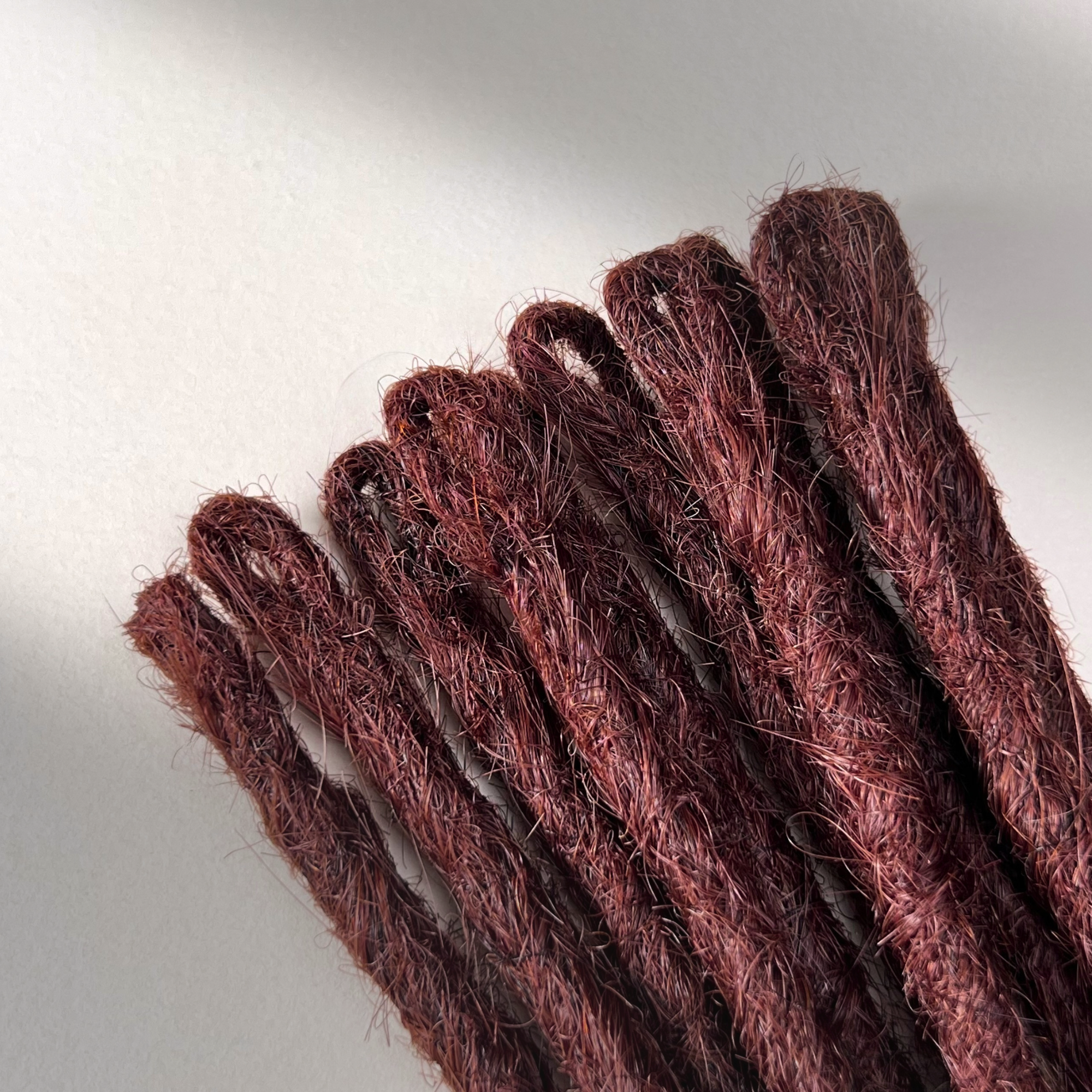 Loop detail of temporary single-ended straight loc extensions in Warm Mahogany Red.