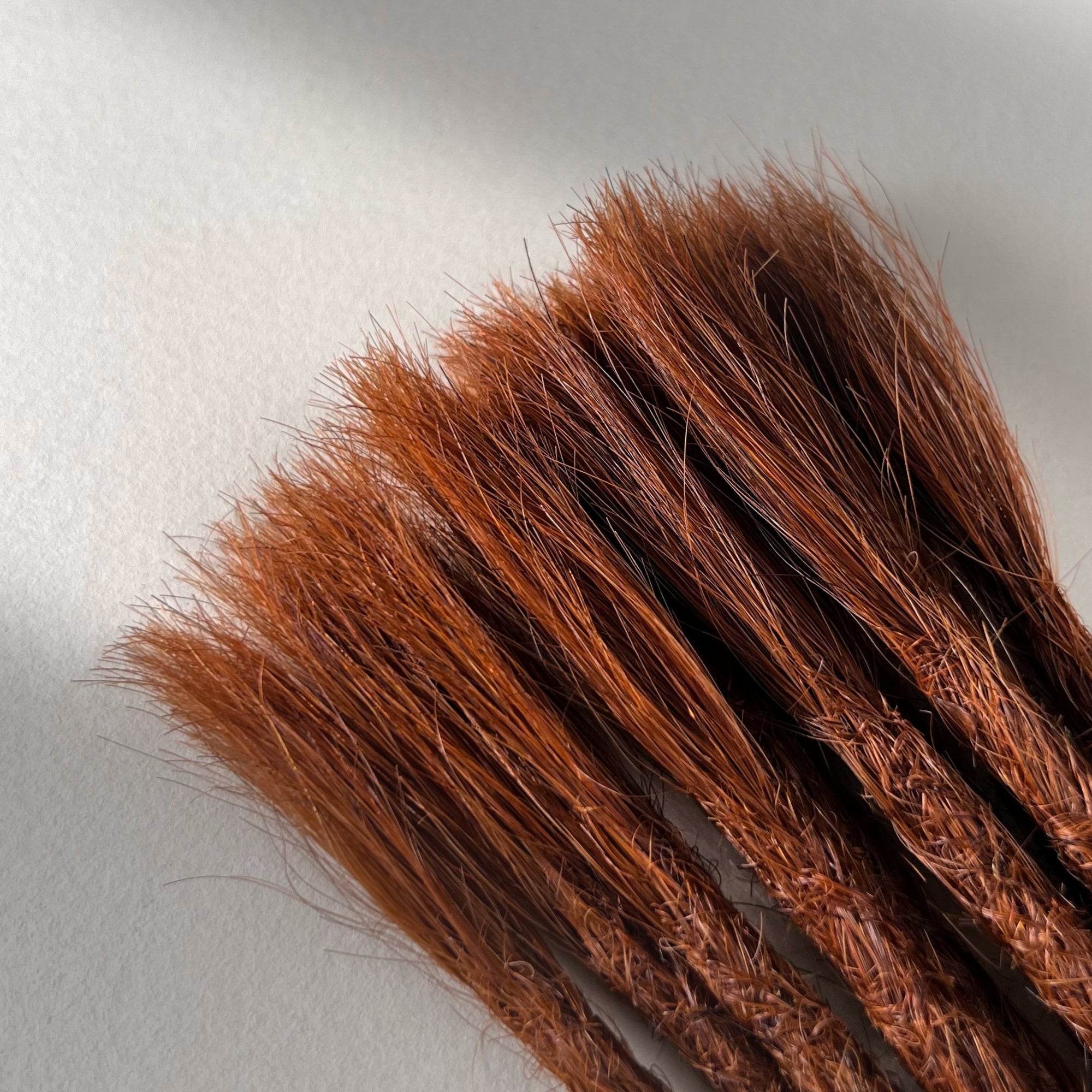 Connection point of permanent straight loc extensions in Warm Maple Copper.