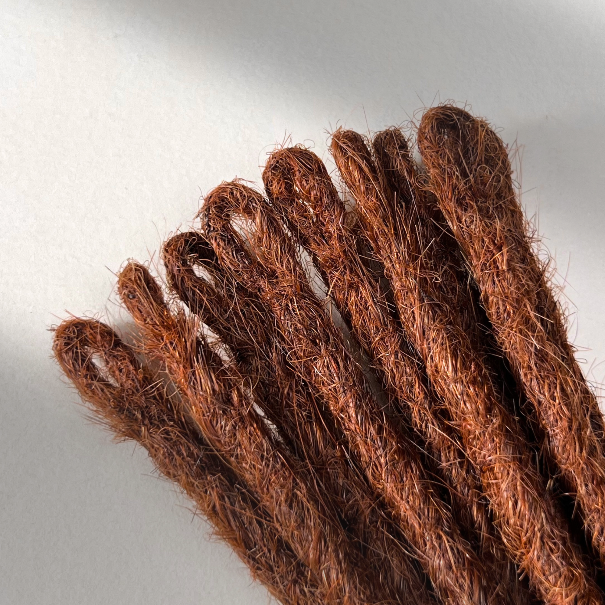 Loop detail of temporary single-ended straight loc extensions in Warm Maple Copper.