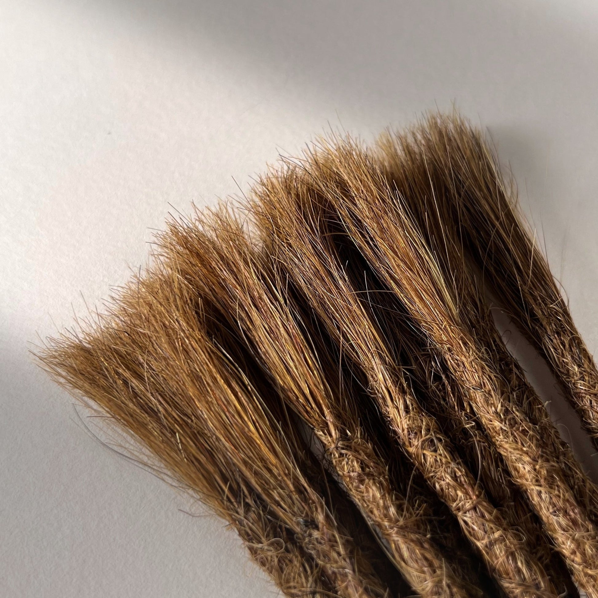 Connection point of permanent straight loc extensions with open ends in Warm Chestnut Brown.