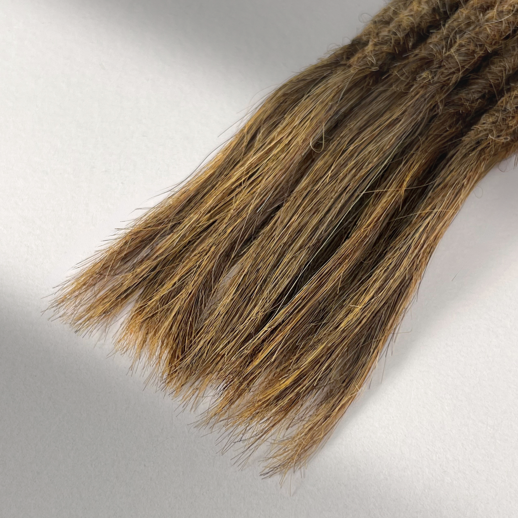 Tip detail of straight loc extensions with open ends in Natural Medium Brown.