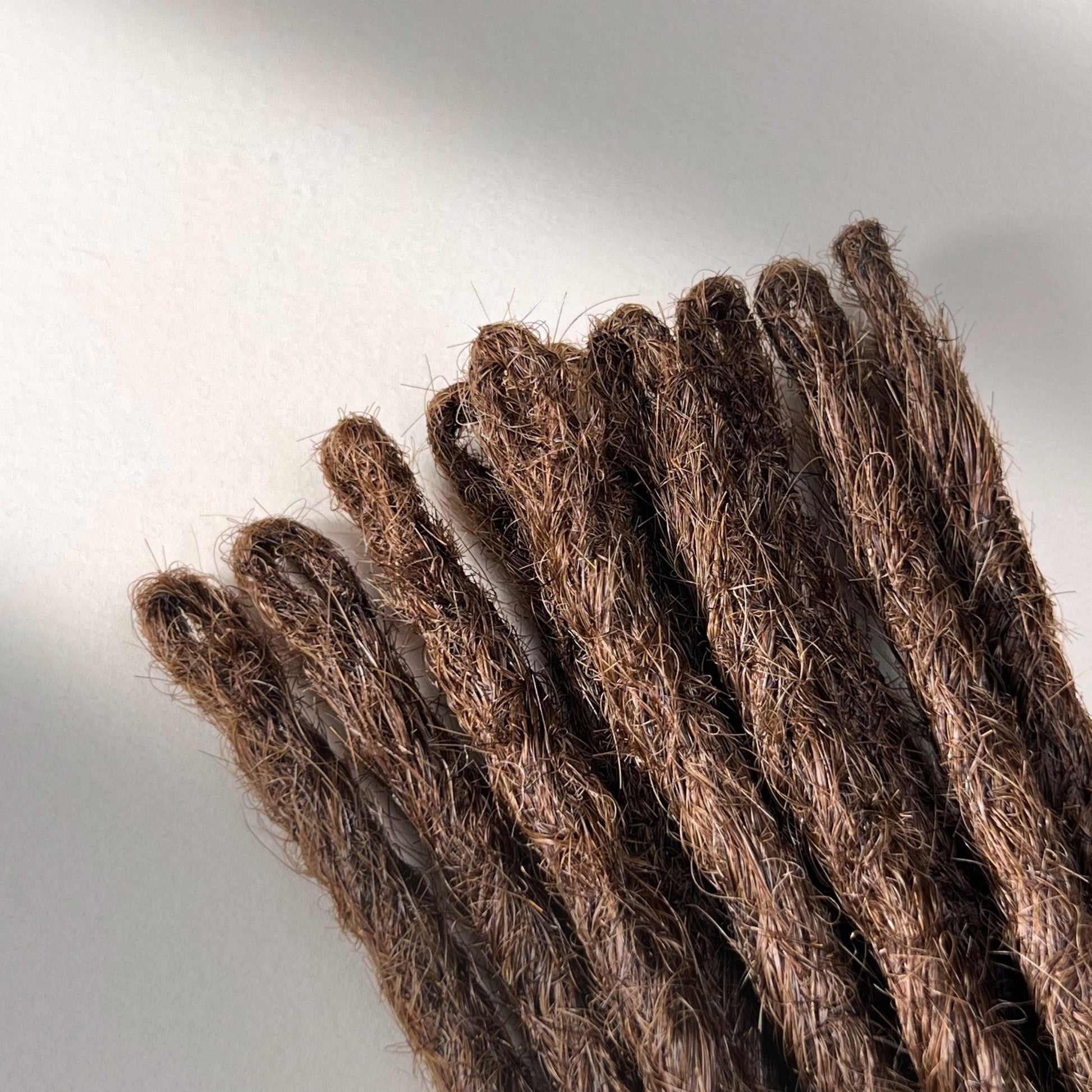 Loop detail of temporary single-ended straight loc extensions with open ends in Warm Cinnamon Brown.