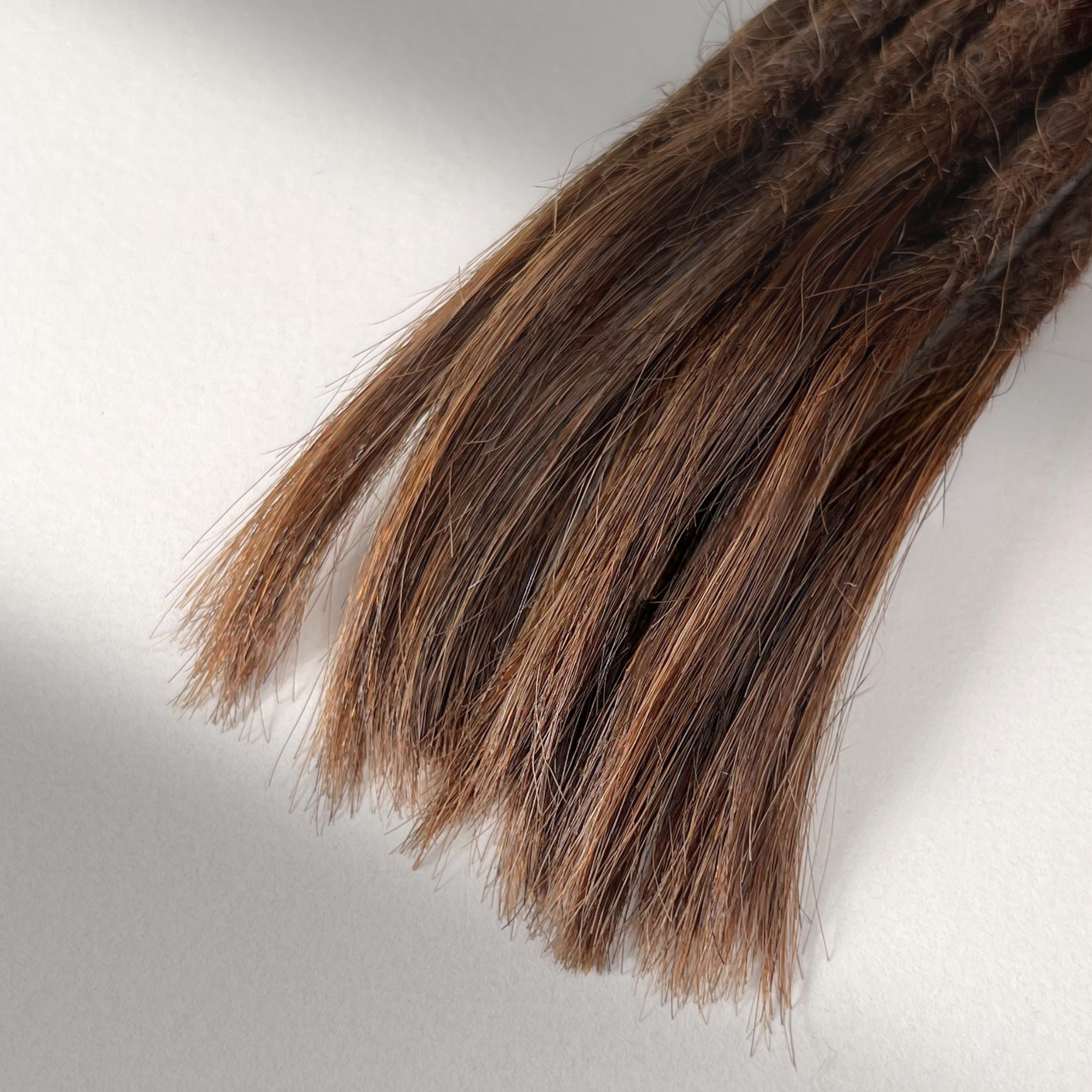 Tip detail of straight loc extensions with open ends in Warm Cinnamon Brown.