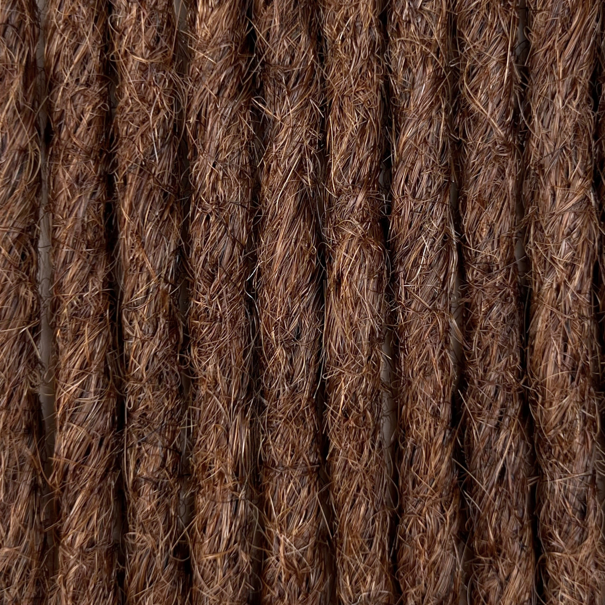 Close-up of straight loc extensions in Warm Cinnamon Brown, showing the texture and color.