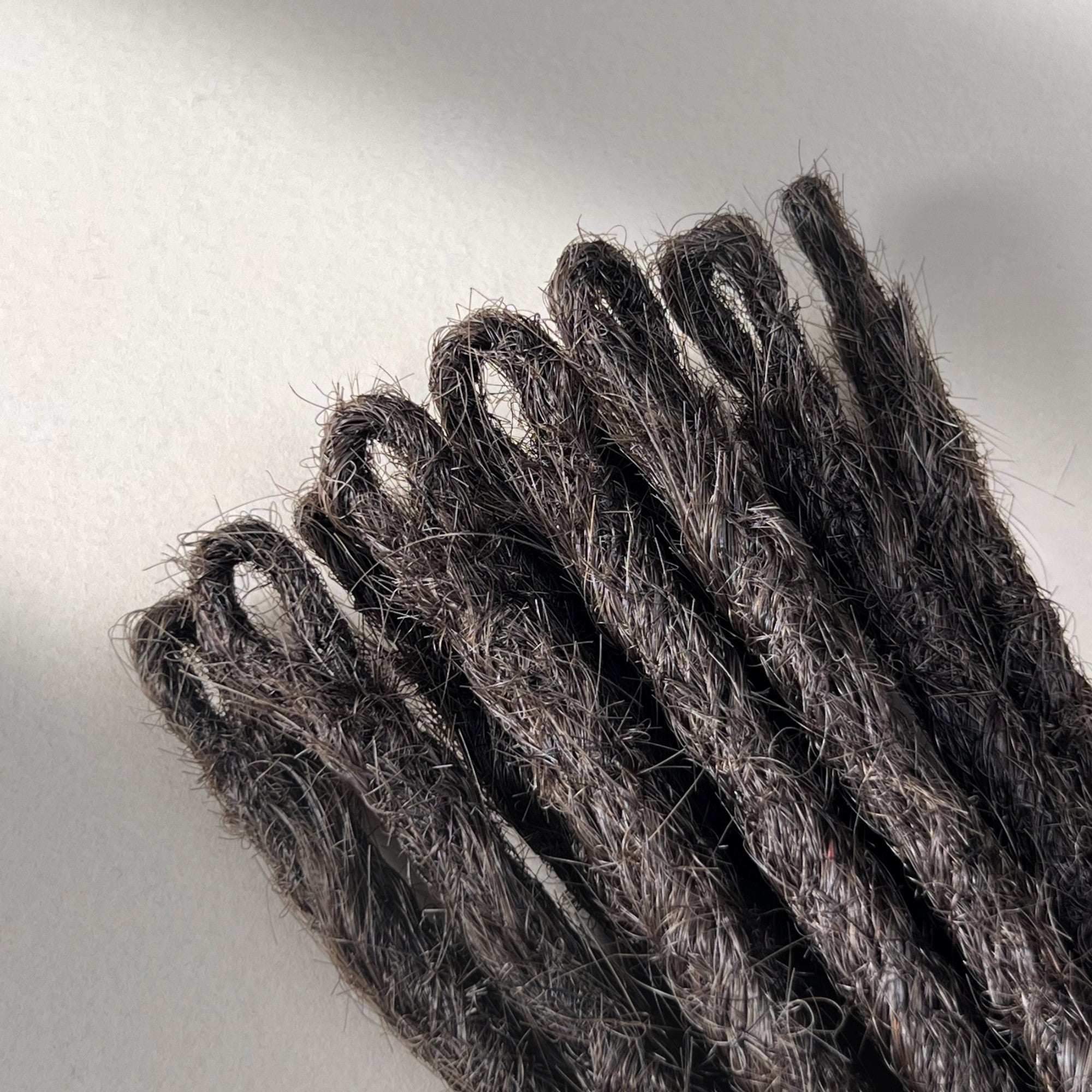 Loop detail of temporary single-ended straight loc extensions with open ends in Warm Espresso Brown.