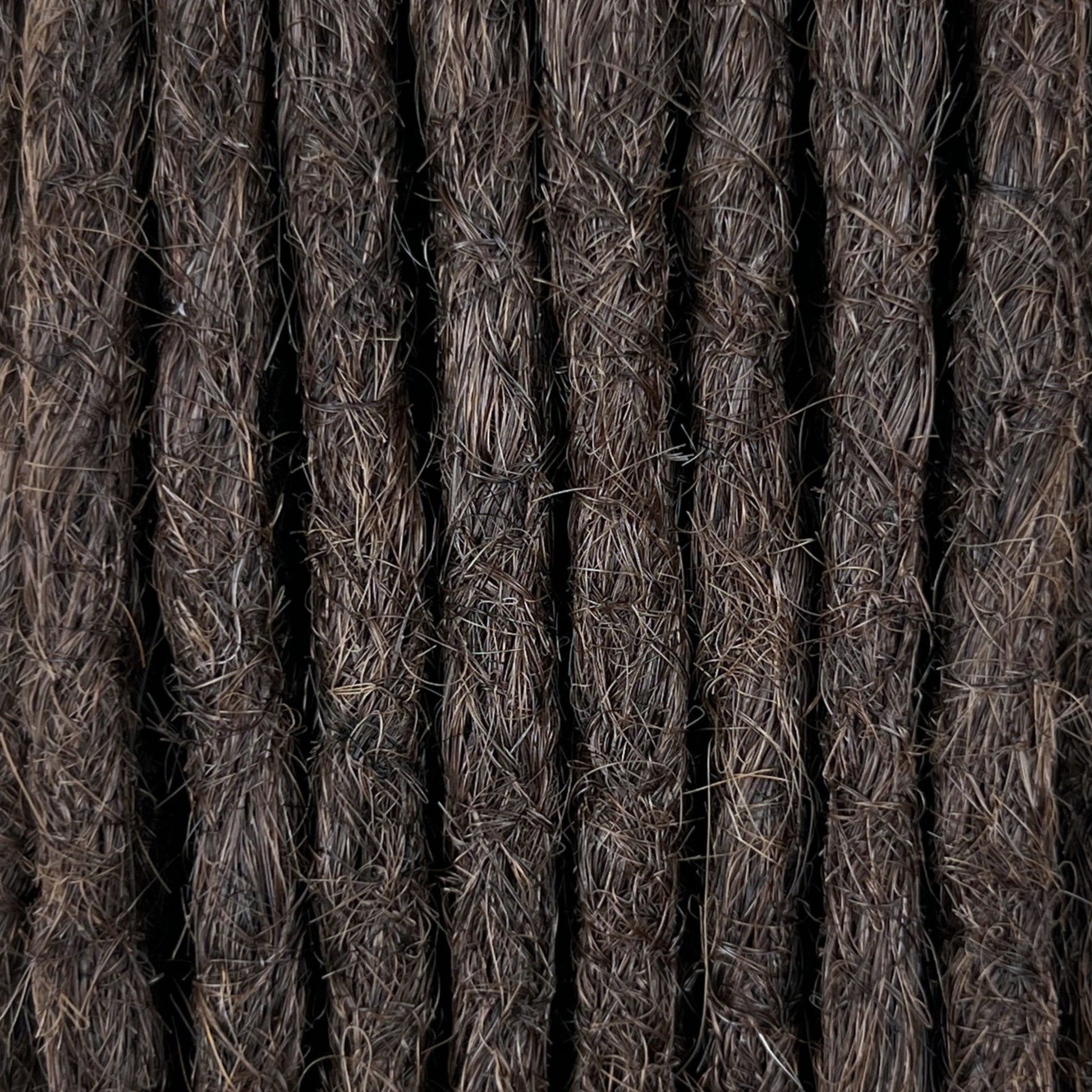 Close-up of straight loc extensions in Warm Espresso Brown, showing the texture and color.