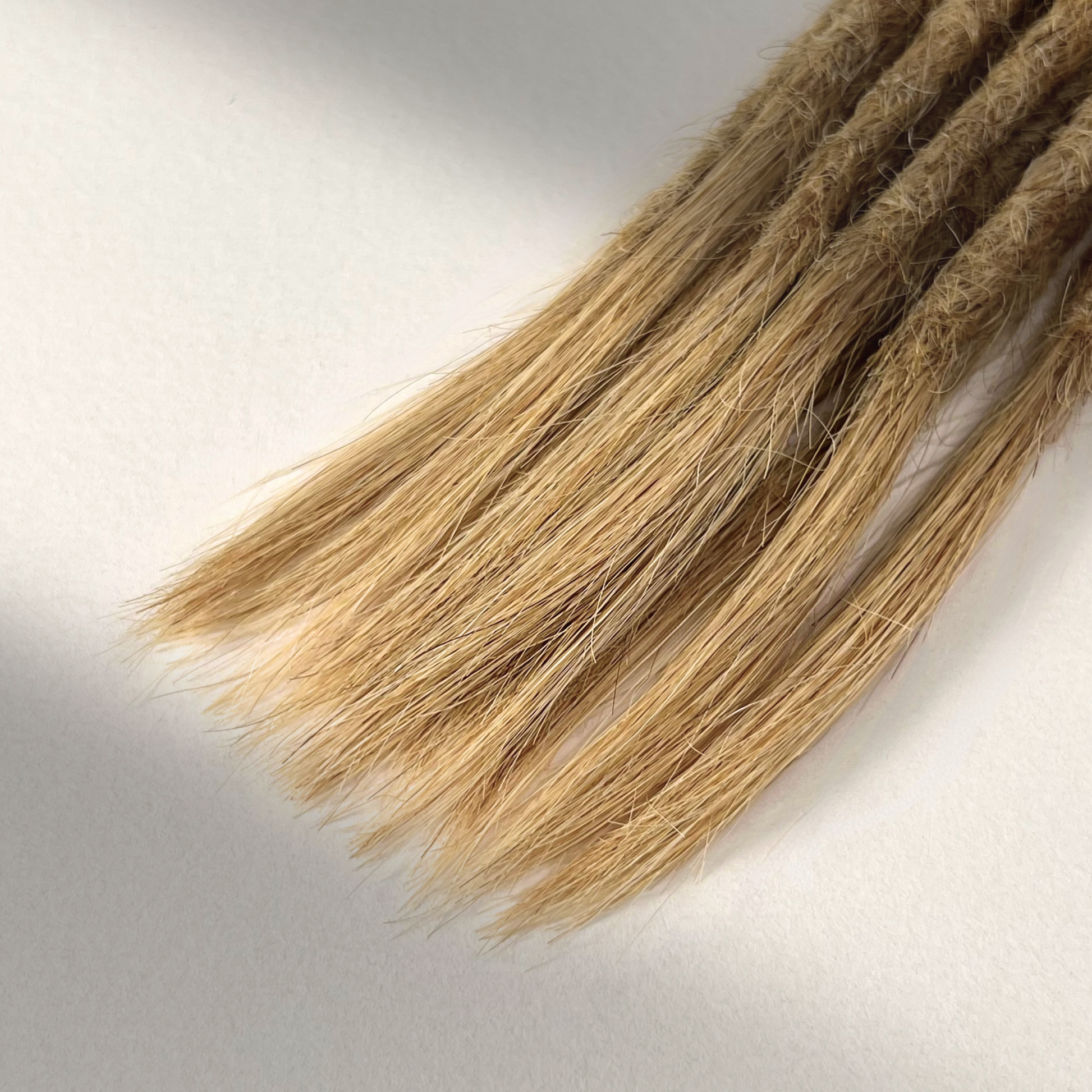 Tip detail of straight loc extensions with open ends in Warm Beige Blonde.