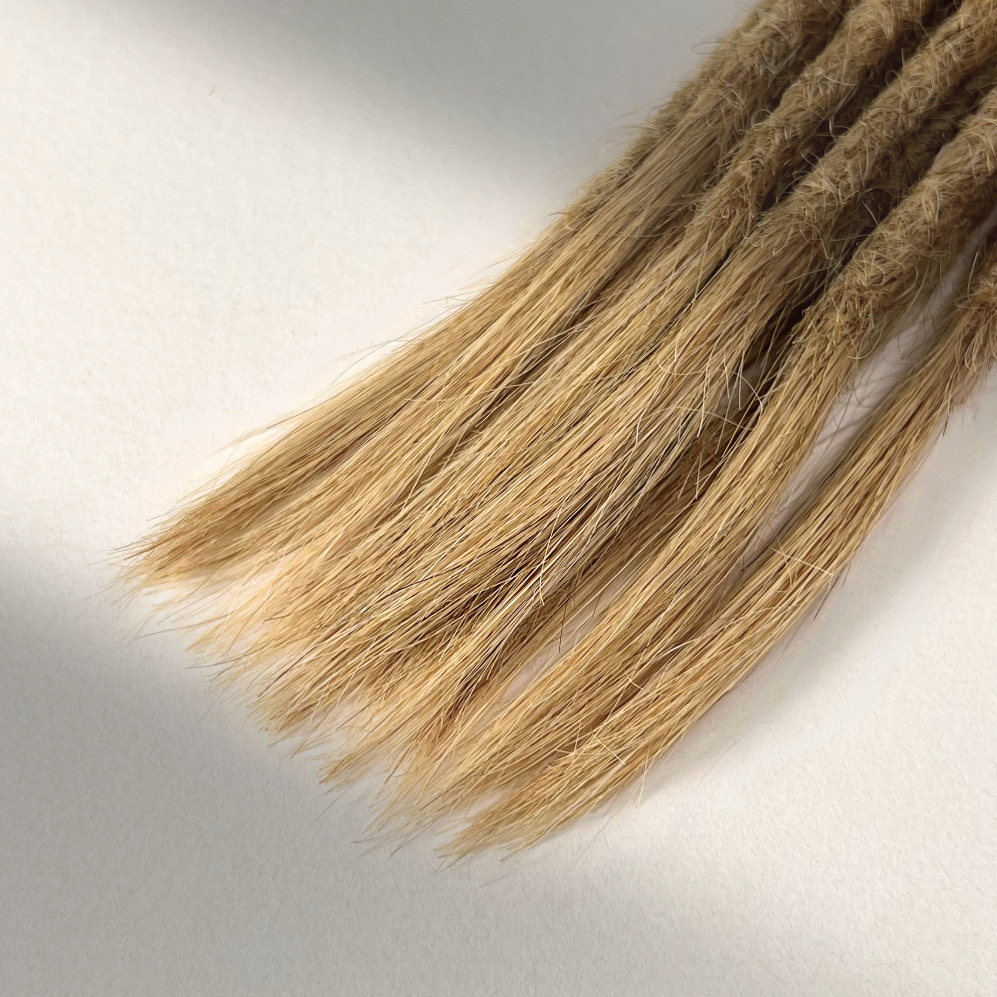 Tip detail of straight loc extensions with open ends in Warm Beige Blonde.